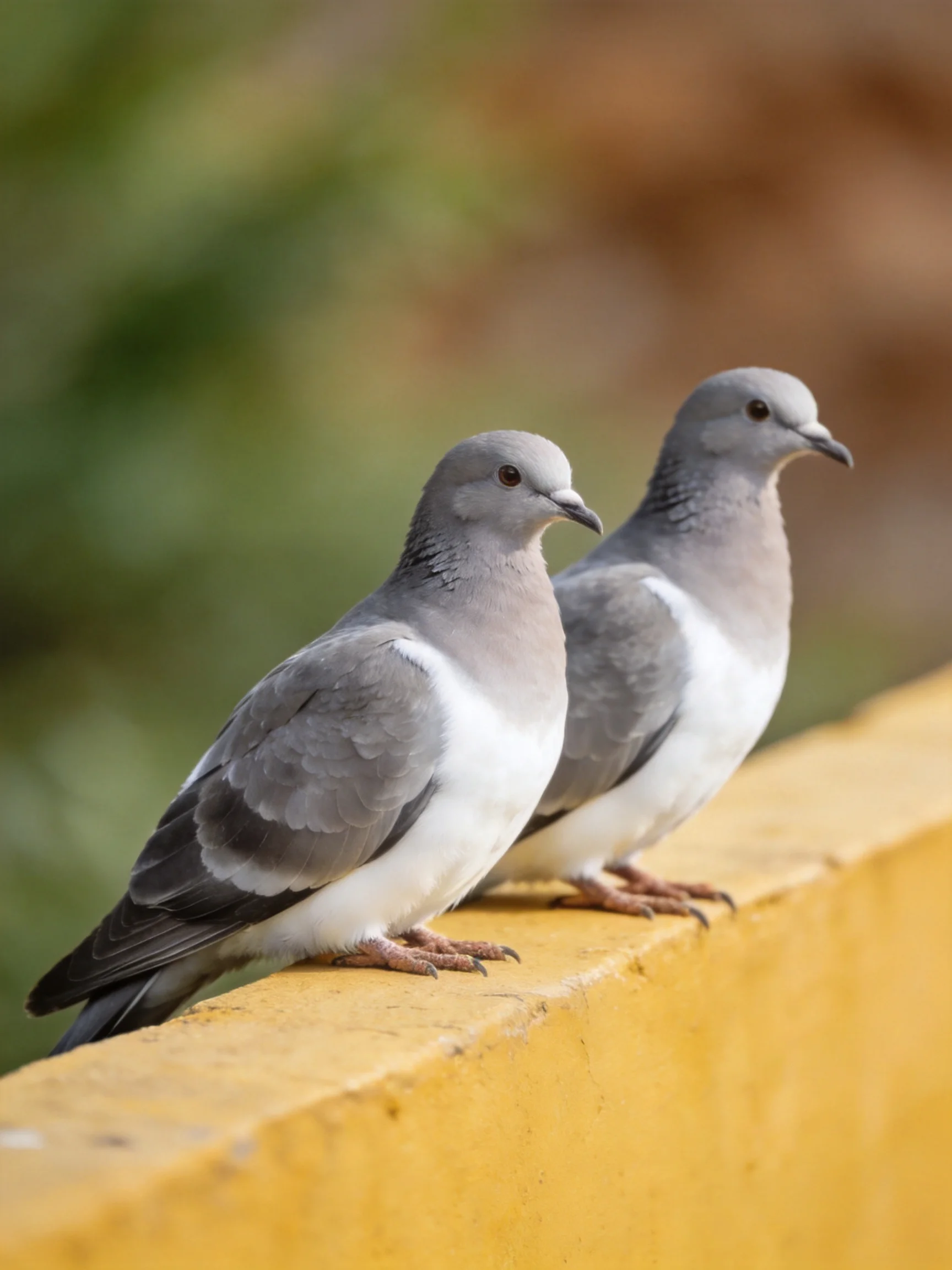 Two gray-and-white pigeons perch on a bright yellow ledge