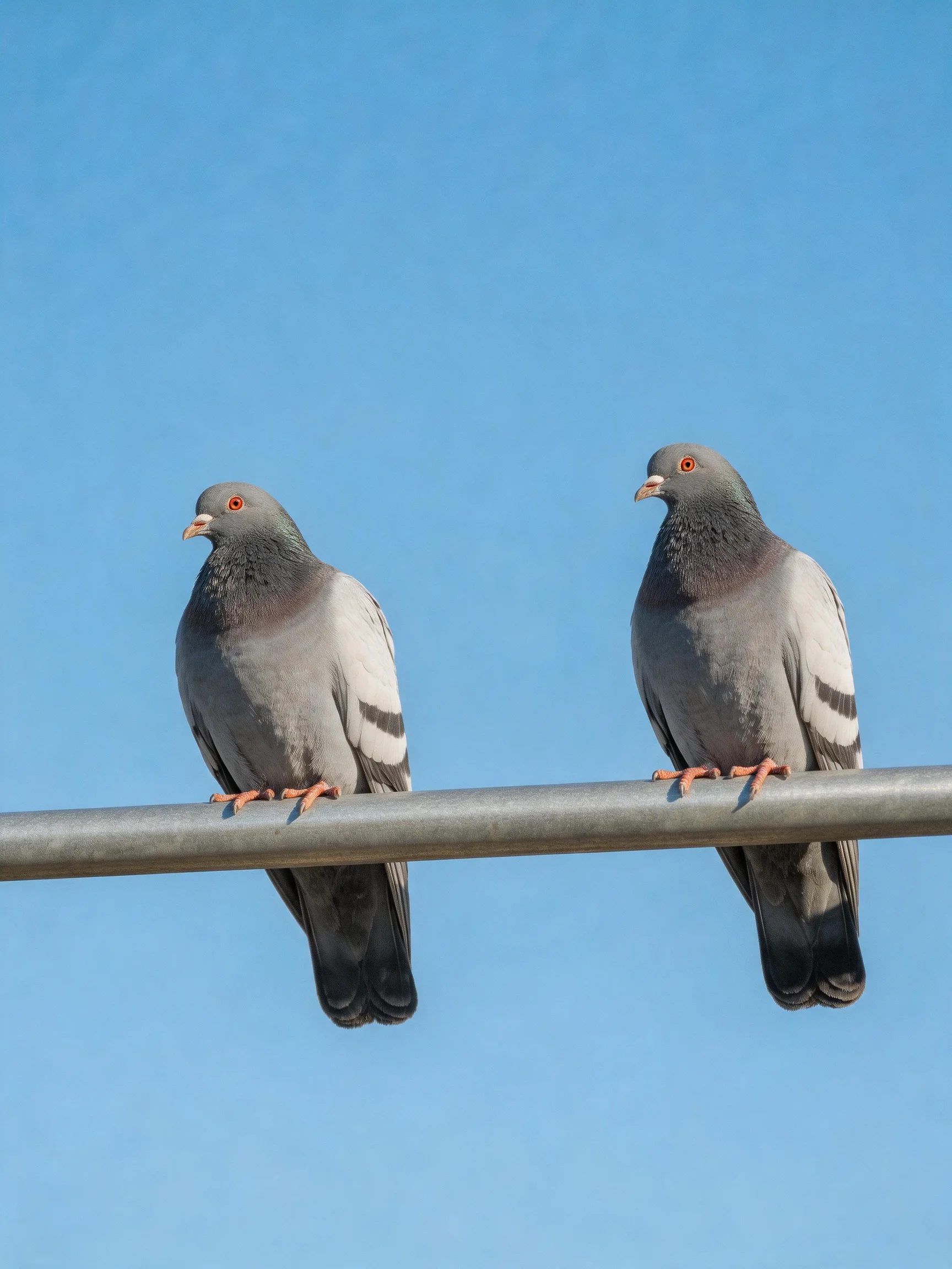 Two gray and white pigeons perch on a metallic bar beneath a clear blue sky