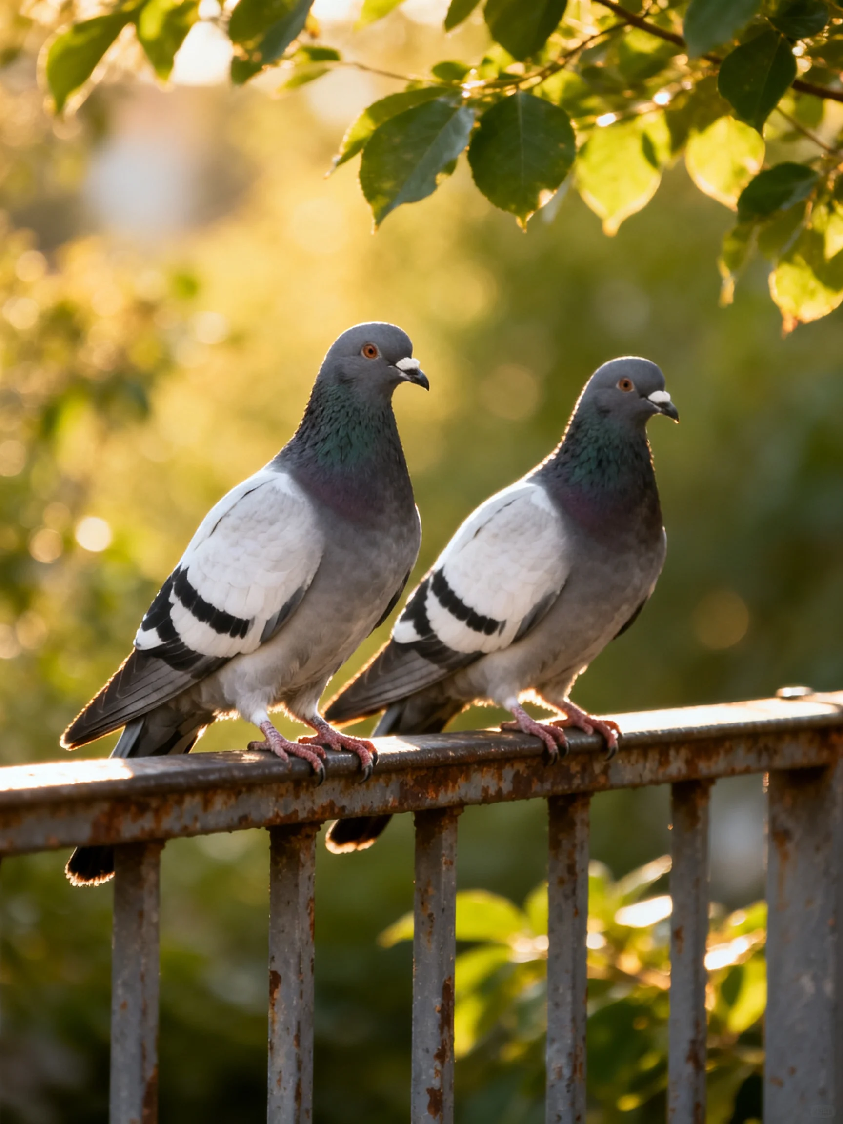 Two gray-and-white pigeons perch on a rusted metal railing near leafy greenery