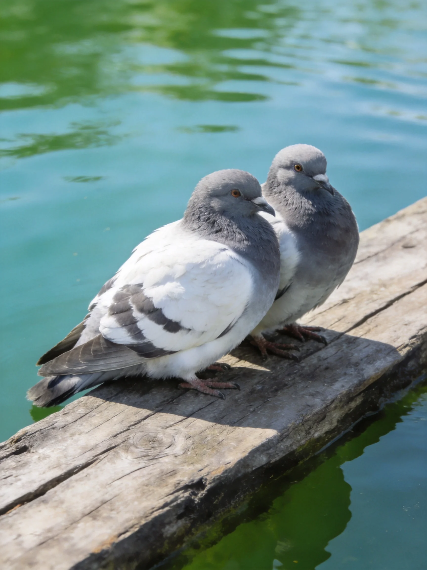 Two gray-and-white pigeons perch on an aged wooden plank by turquoise water