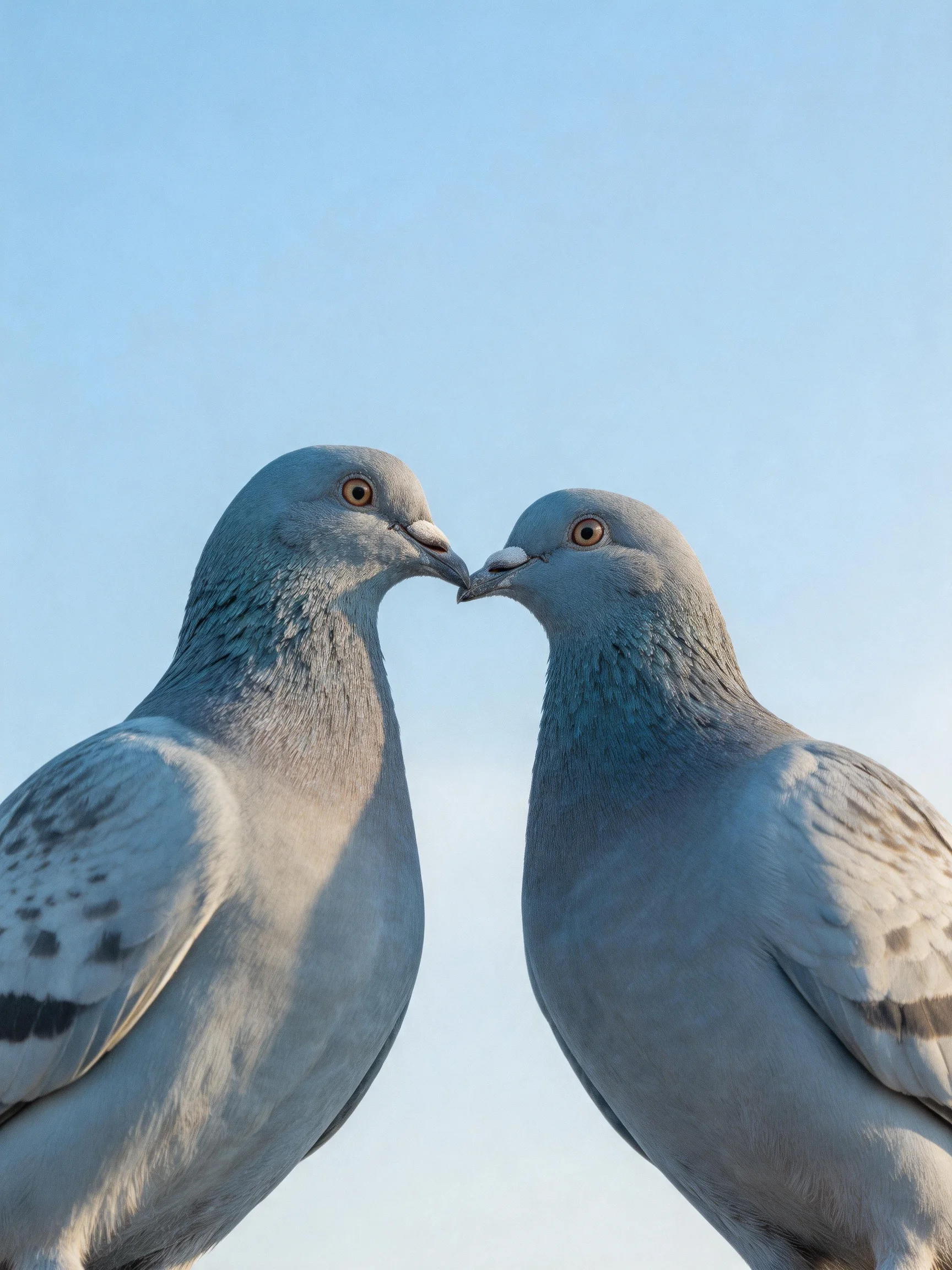 Two gray-blue pigeons nuzzling against a clear blue sky