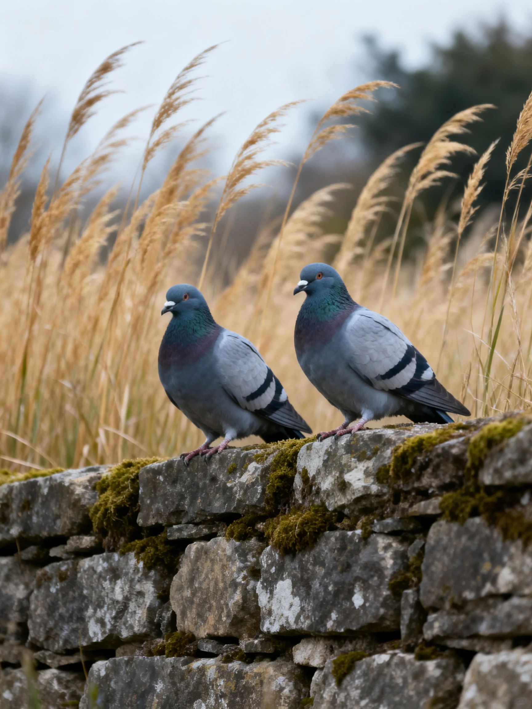 Two gray-blue pigeons perch on a mossy stone wall near golden reeds