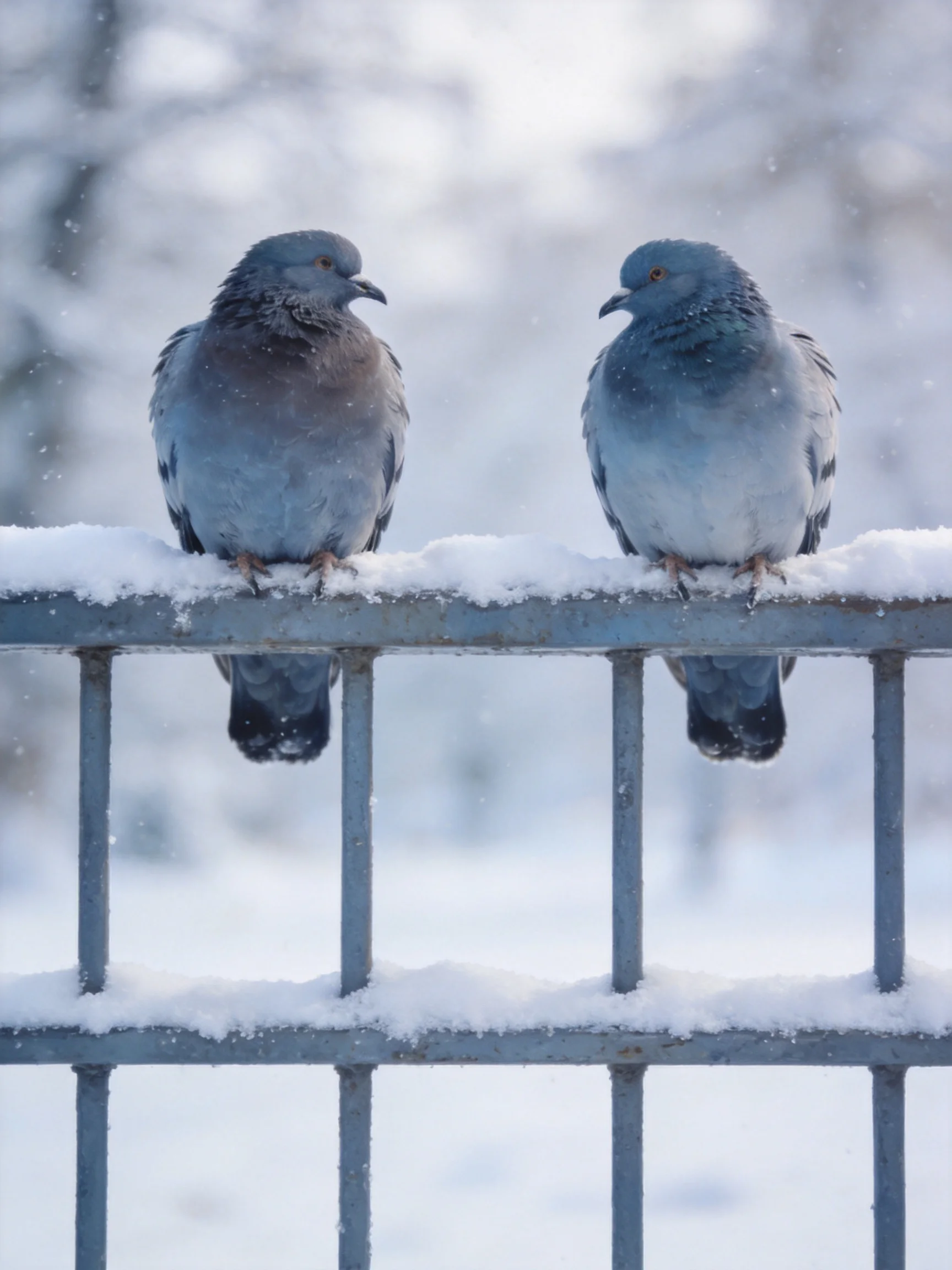 Two gray-blue pigeons perch on a snow-covered metal fence in winter