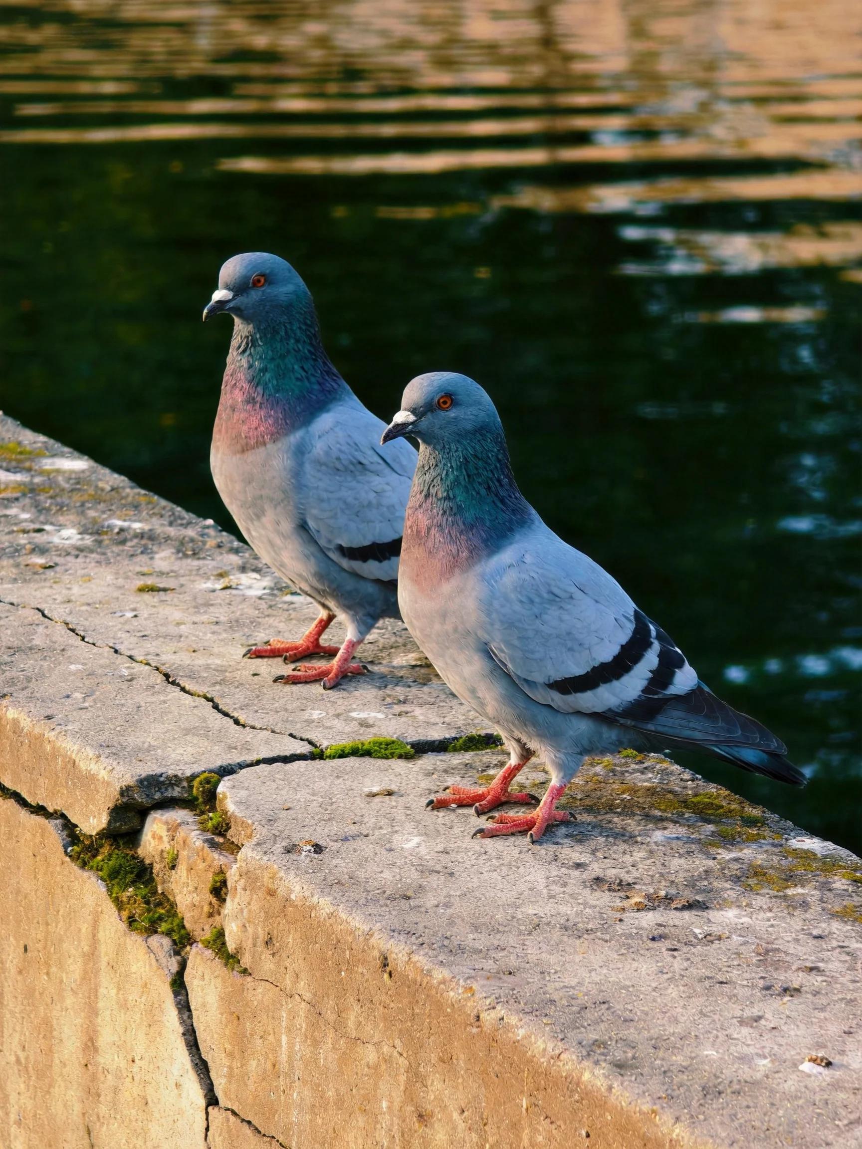 Two gray-blue pigeons stand on a moss-dotted stone ledge near dark water