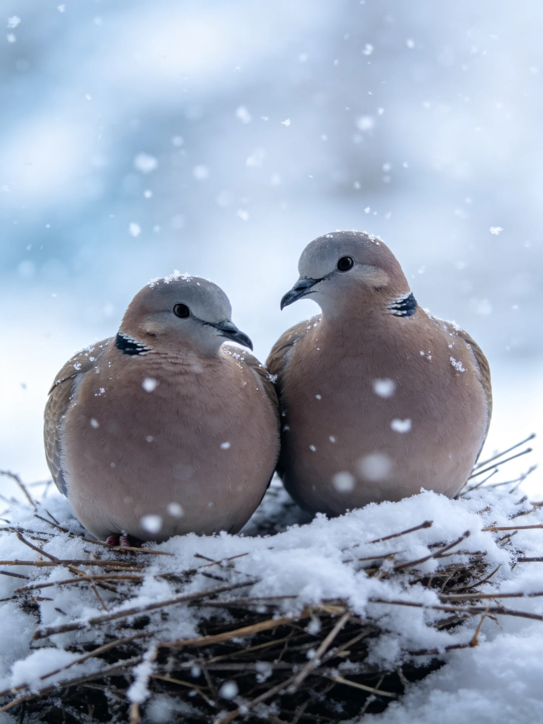 Two gray-brown doves rest in a snow-covered twig nest amid falling snowflakes