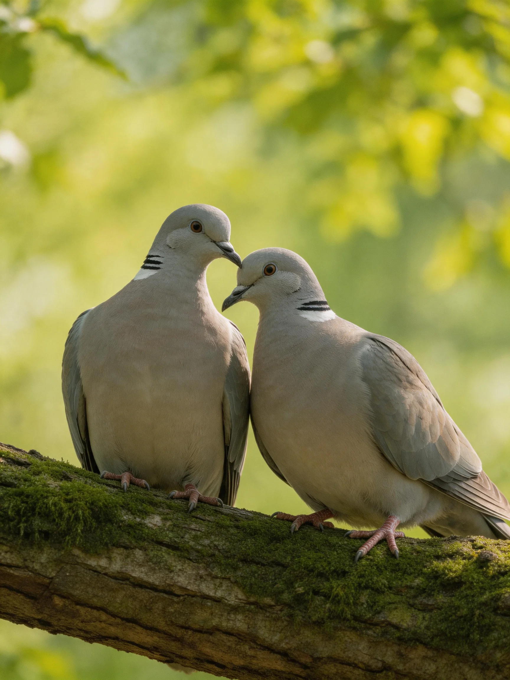 Two gray doves nuzzle on a mossy tree branch amid green foliage