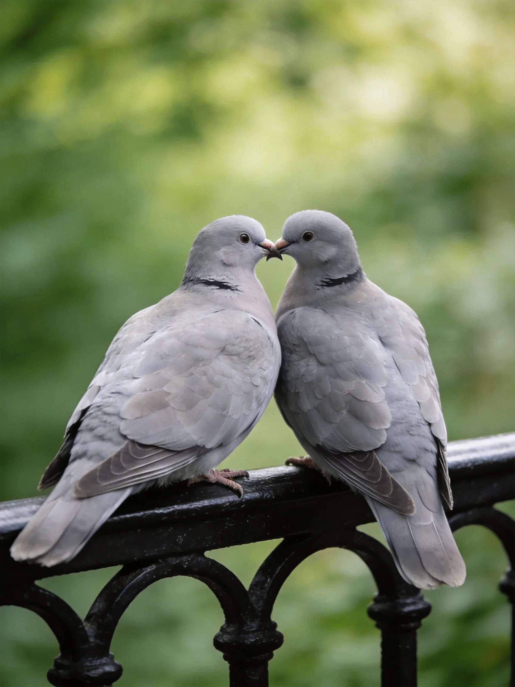 Two gray doves nuzzling on a black metal railing amid lush greenery