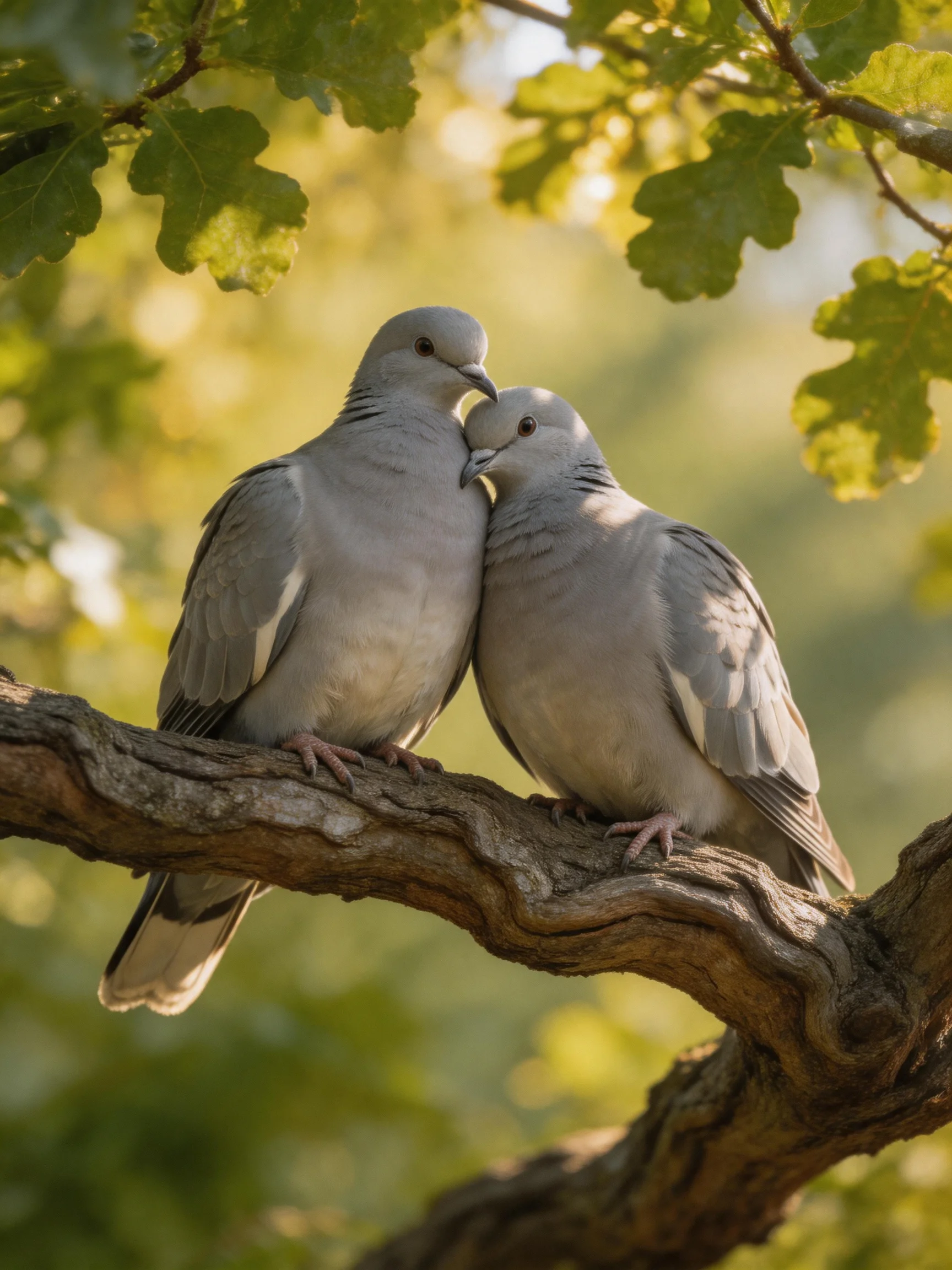 Two gray doves nuzzling on a gnarled tree branch amid green foliage