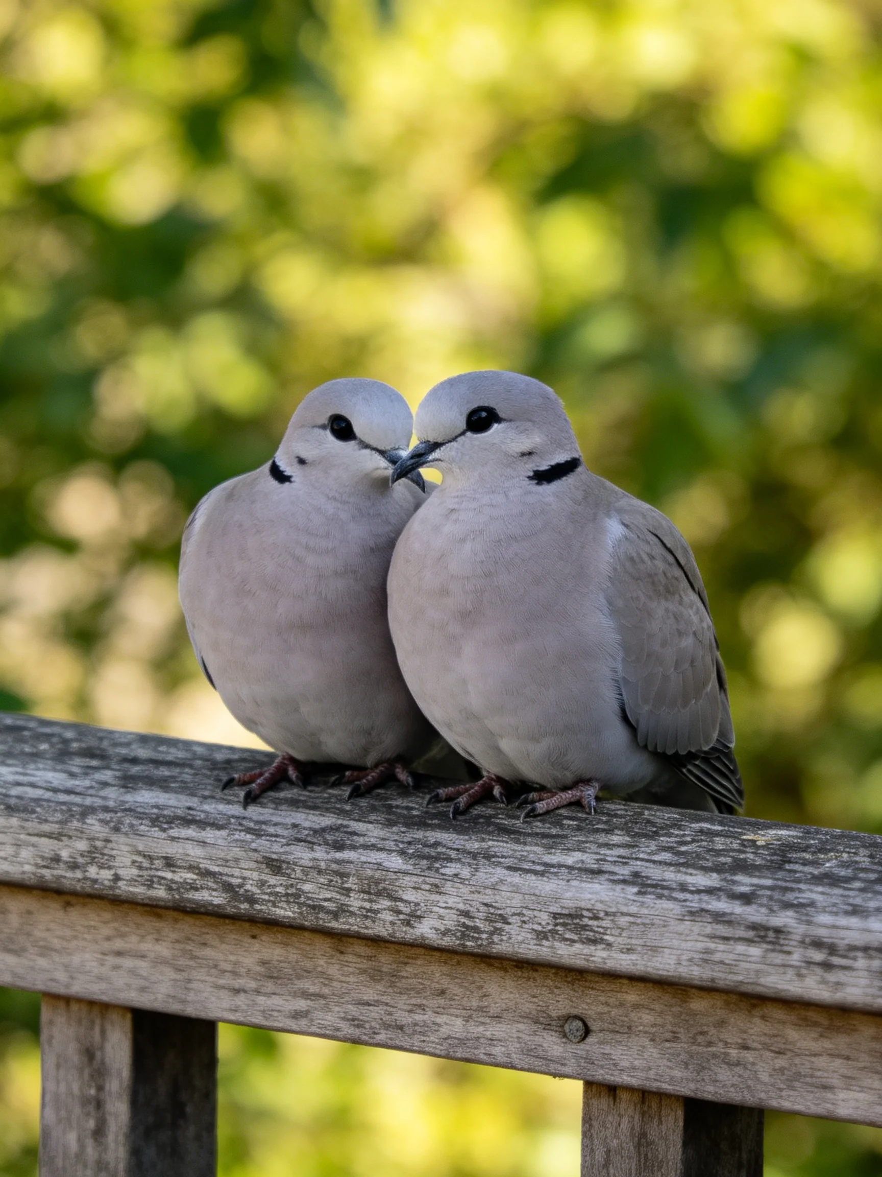 Two gray doves perch closely on a weathered wooden railing amid green foliage