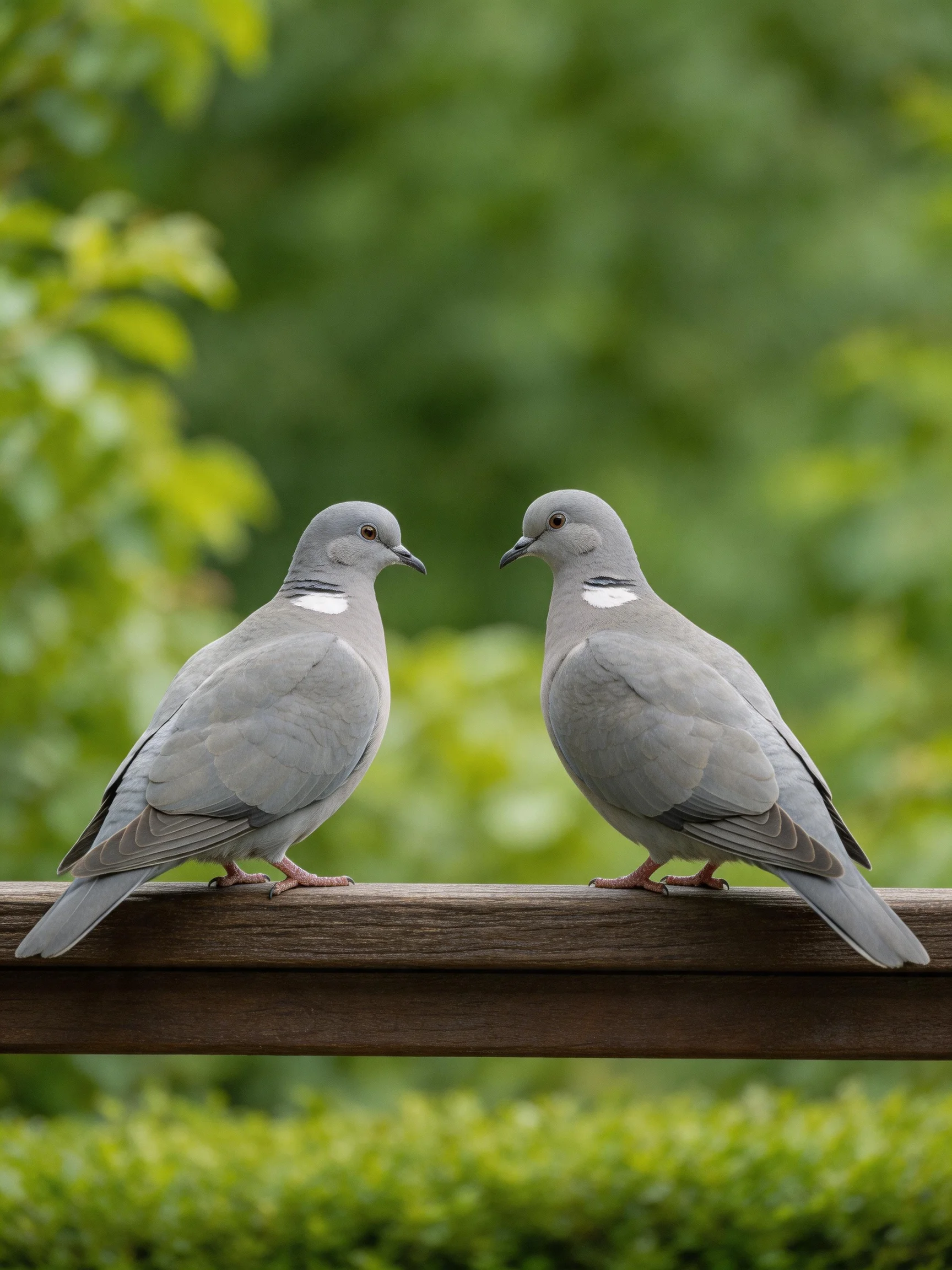 Two gray doves perch on a dark wooden rail among green foliage