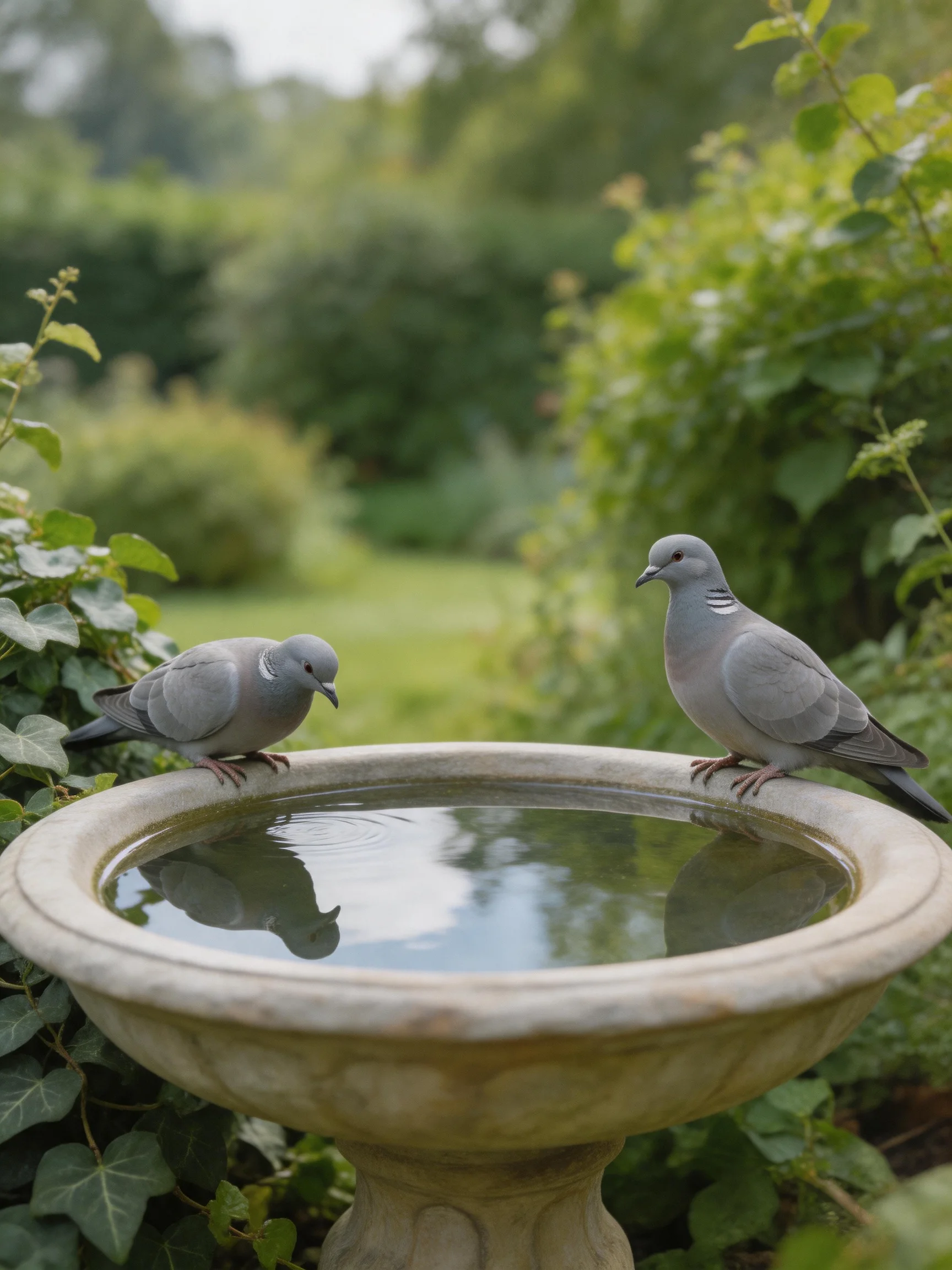 Two gray doves perch on a stone bird bath in a lush garden
