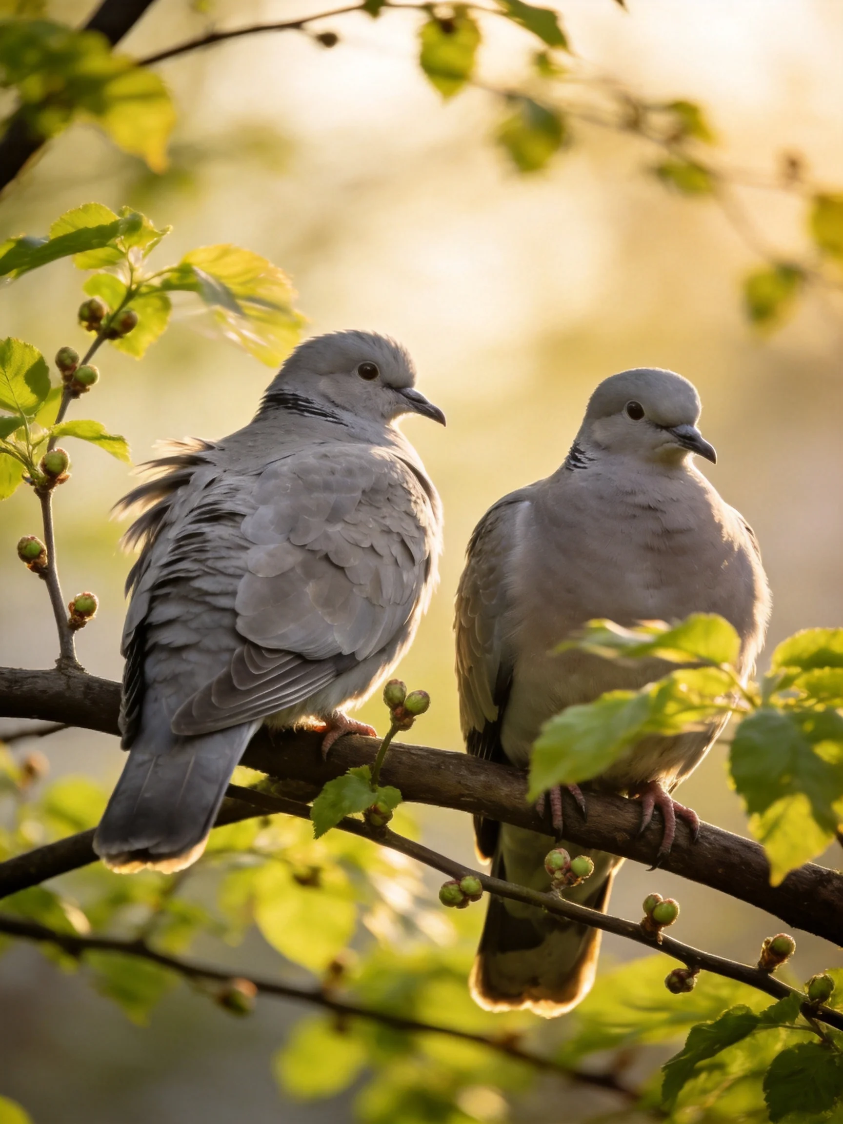 Two gray doves perch on a tree branch with green foliage