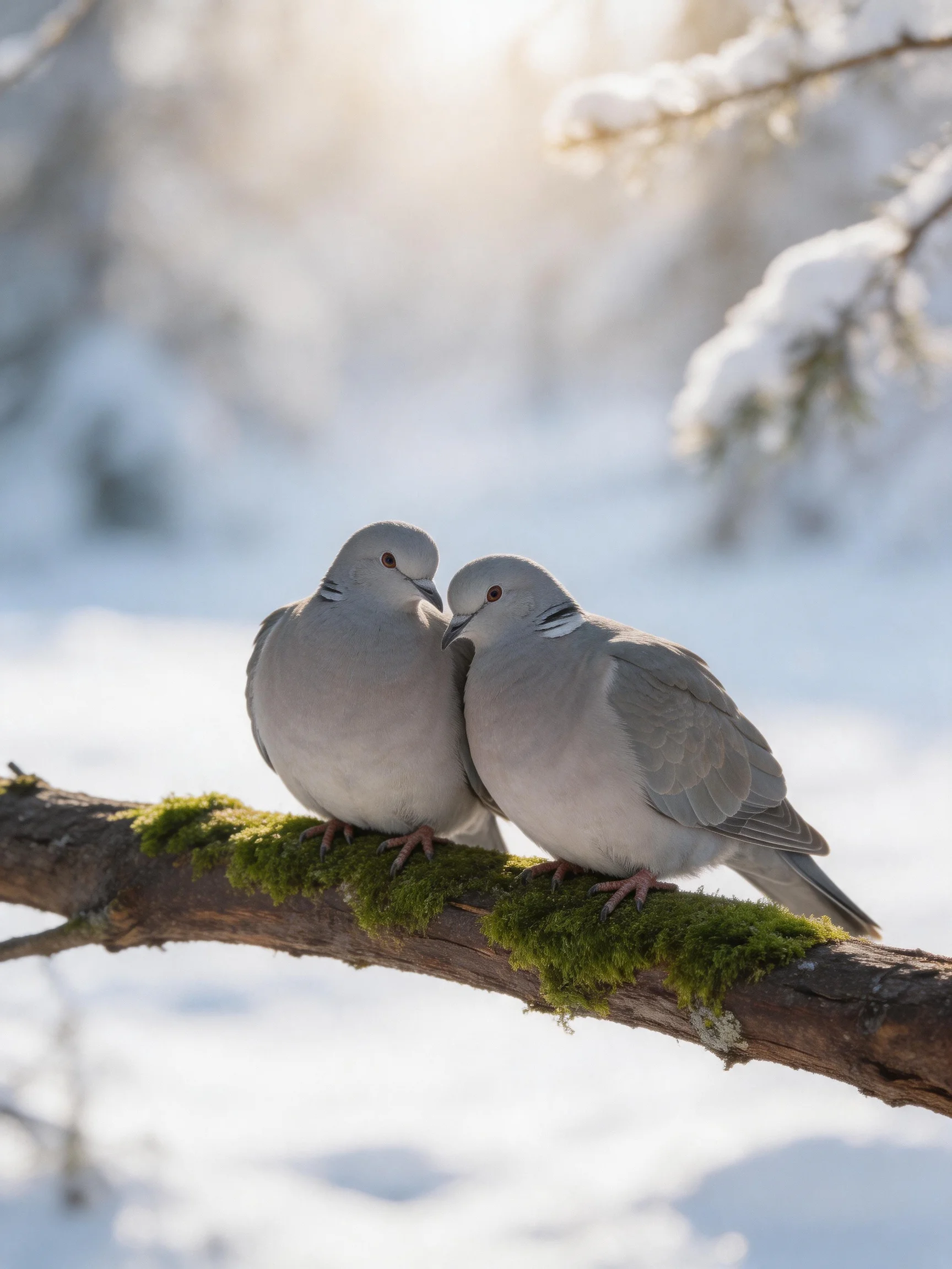 Two gray doves sit on a mossy branch in a snowy landscape
