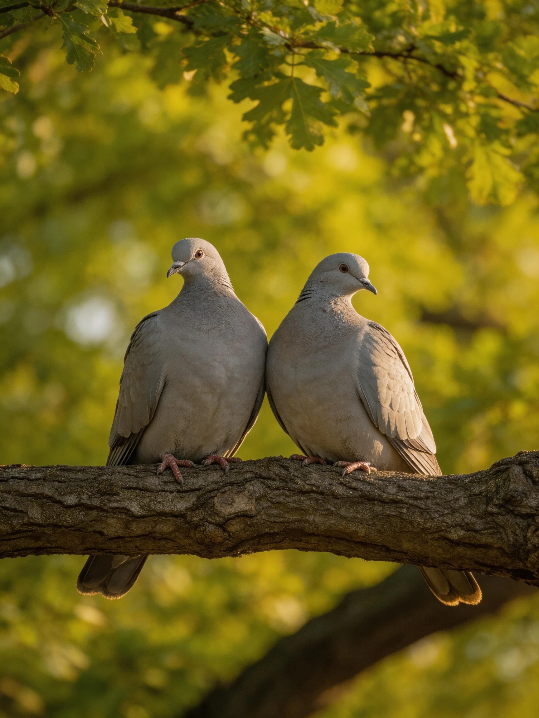 Two gray doves sit side by side on a gnarled tree branch surrounded by green foliage