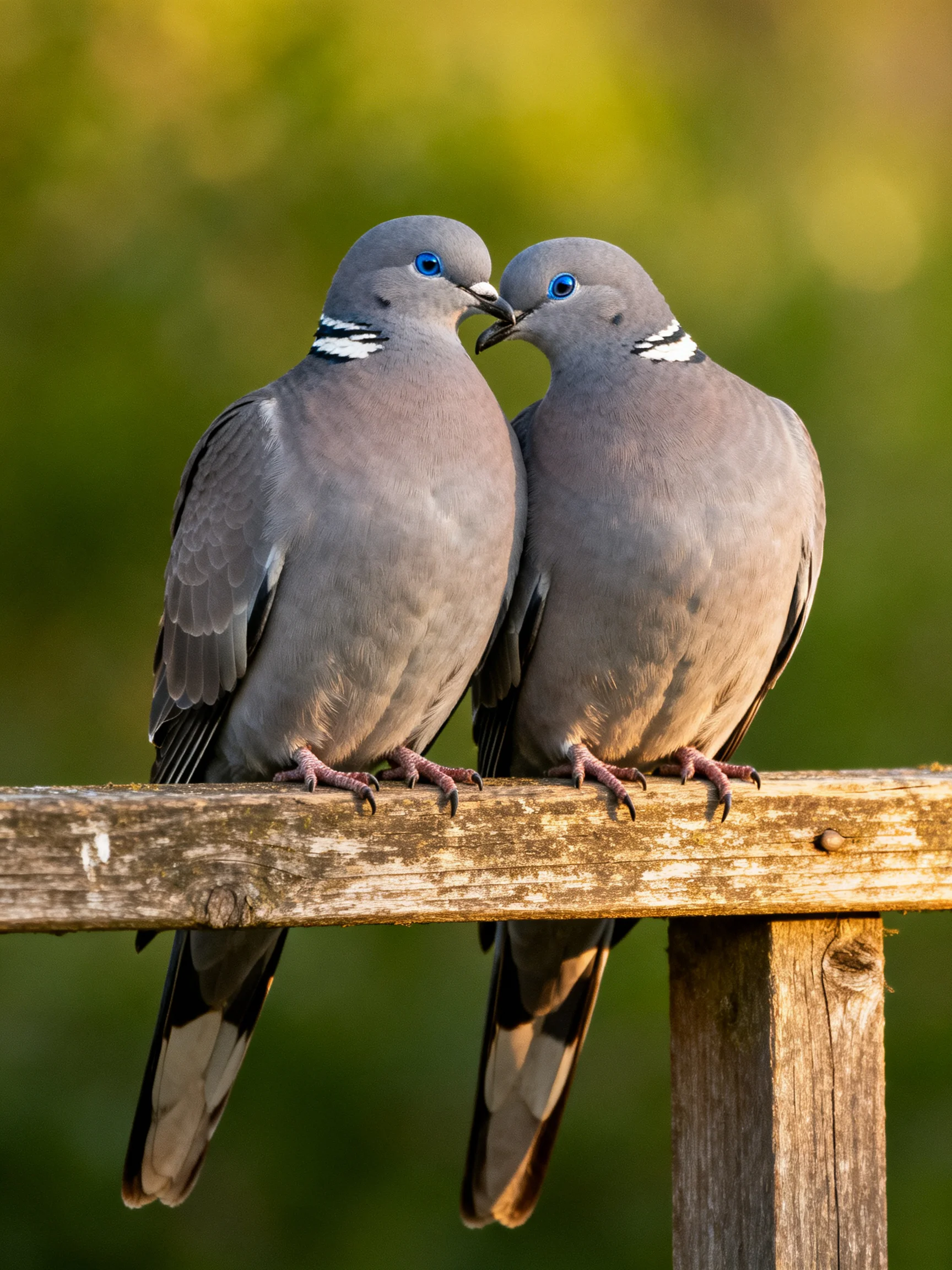 Two gray doves with blue eyes perched on a weathered wooden beam