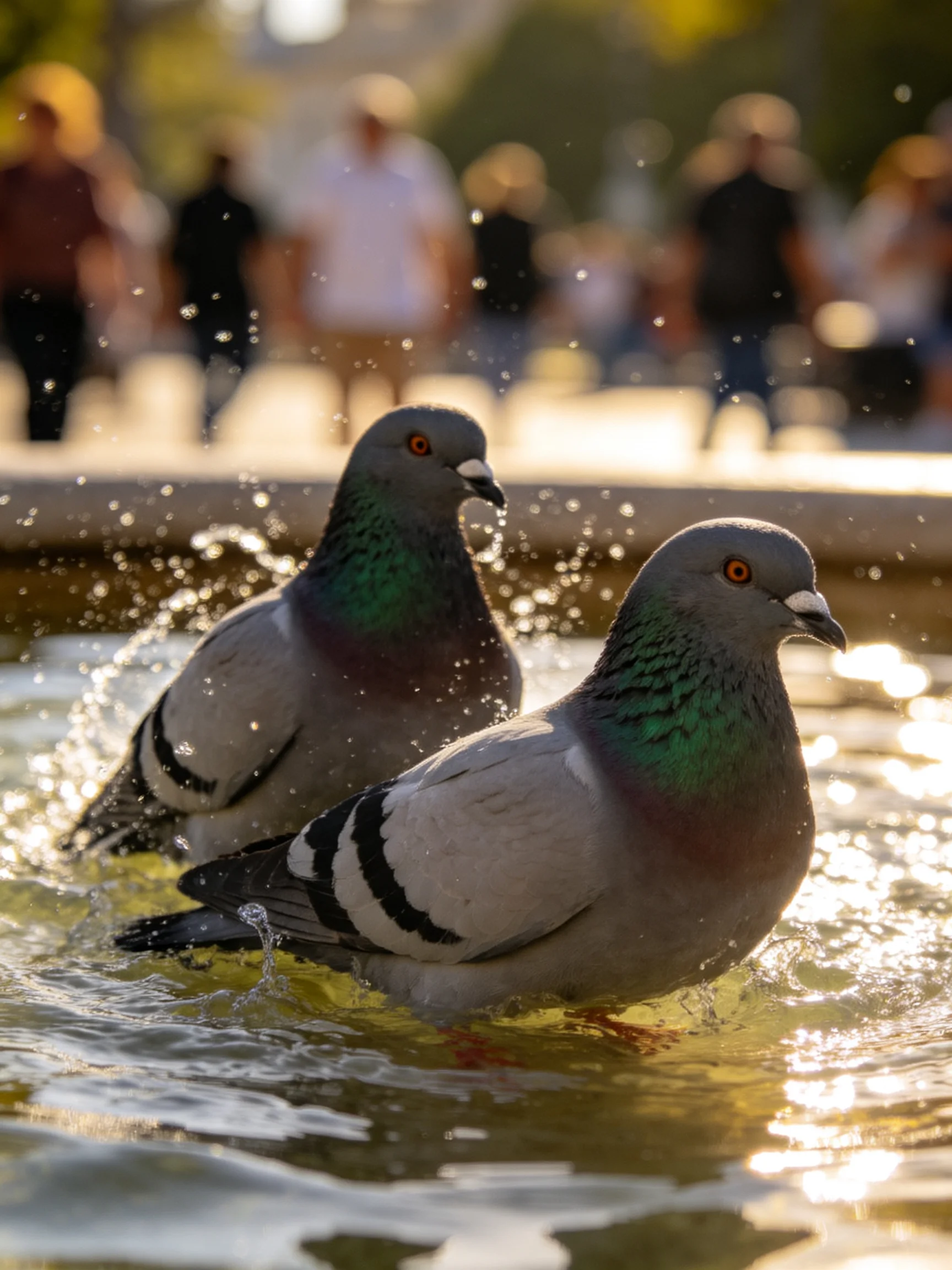 Two gray-green pigeons bathing in a fountain near pedestrians