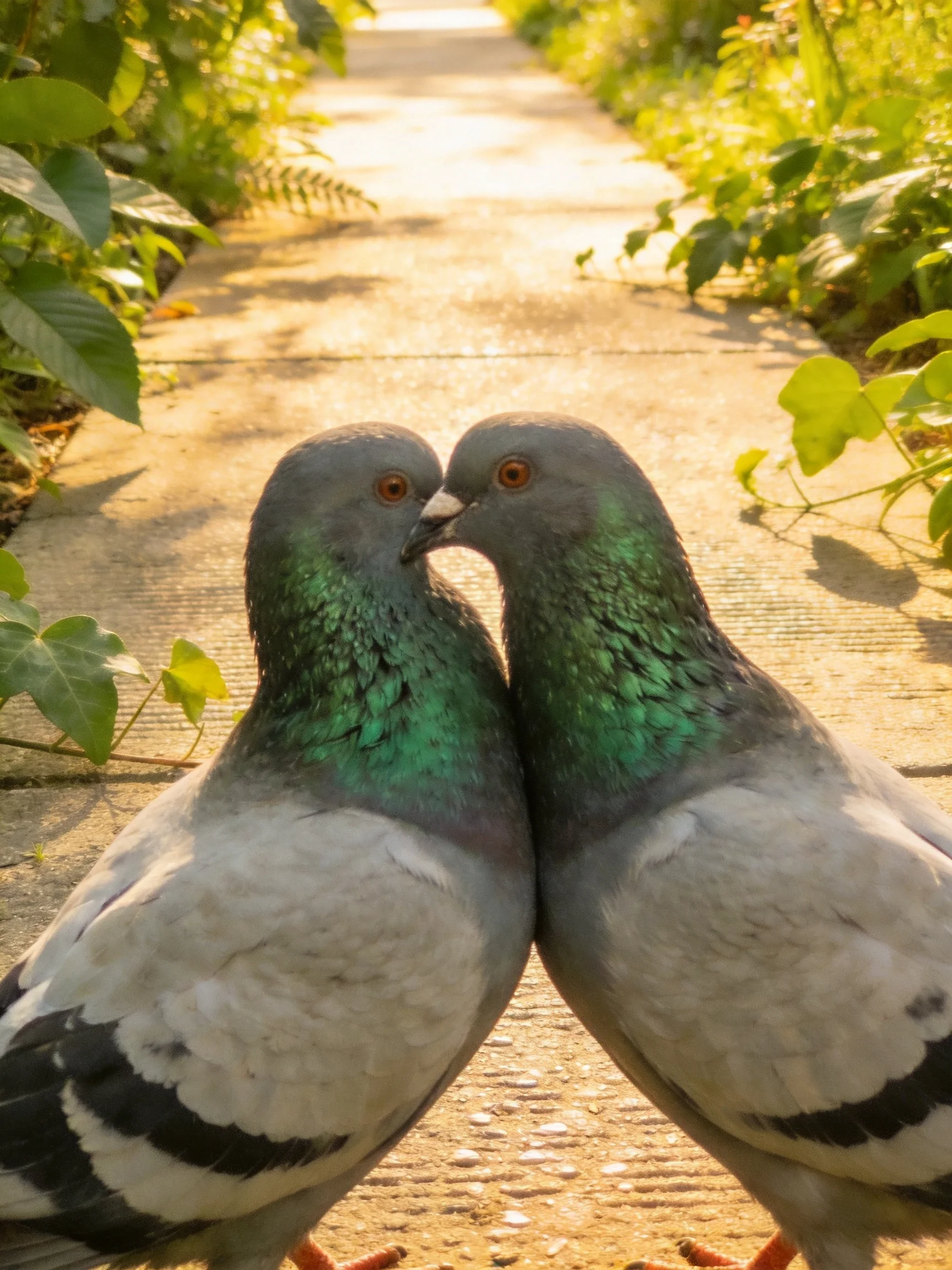 Two gray-green pigeons nuzzle on a sunlit stone path lined with foliage