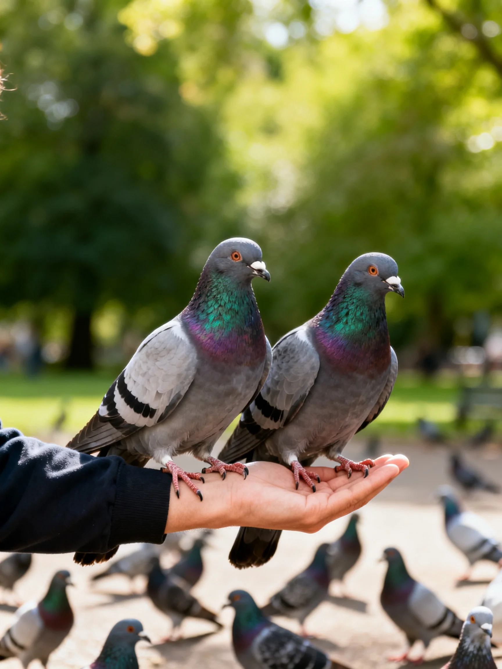 Two gray-green pigeons perch on a hand in a sunlit park