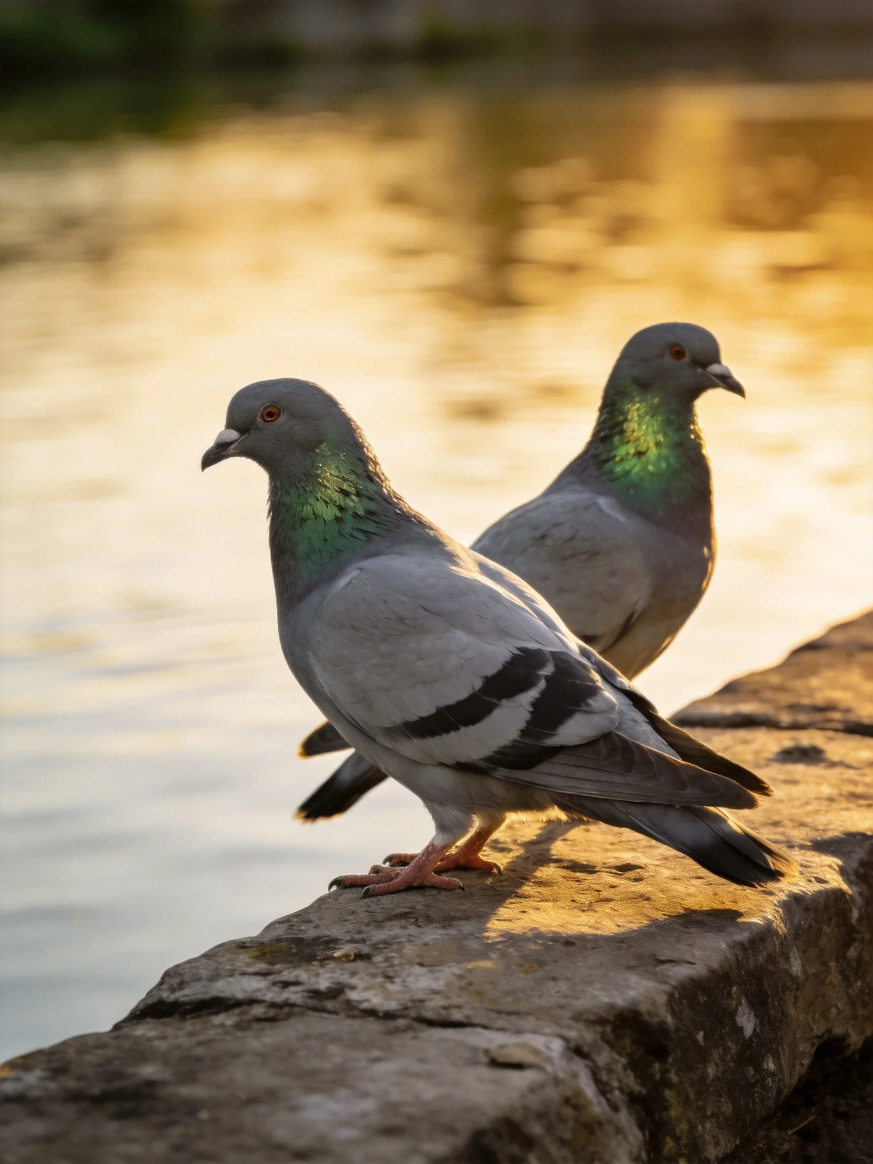Two gray-green pigeons perch on a weathered stone ledge beside golden water