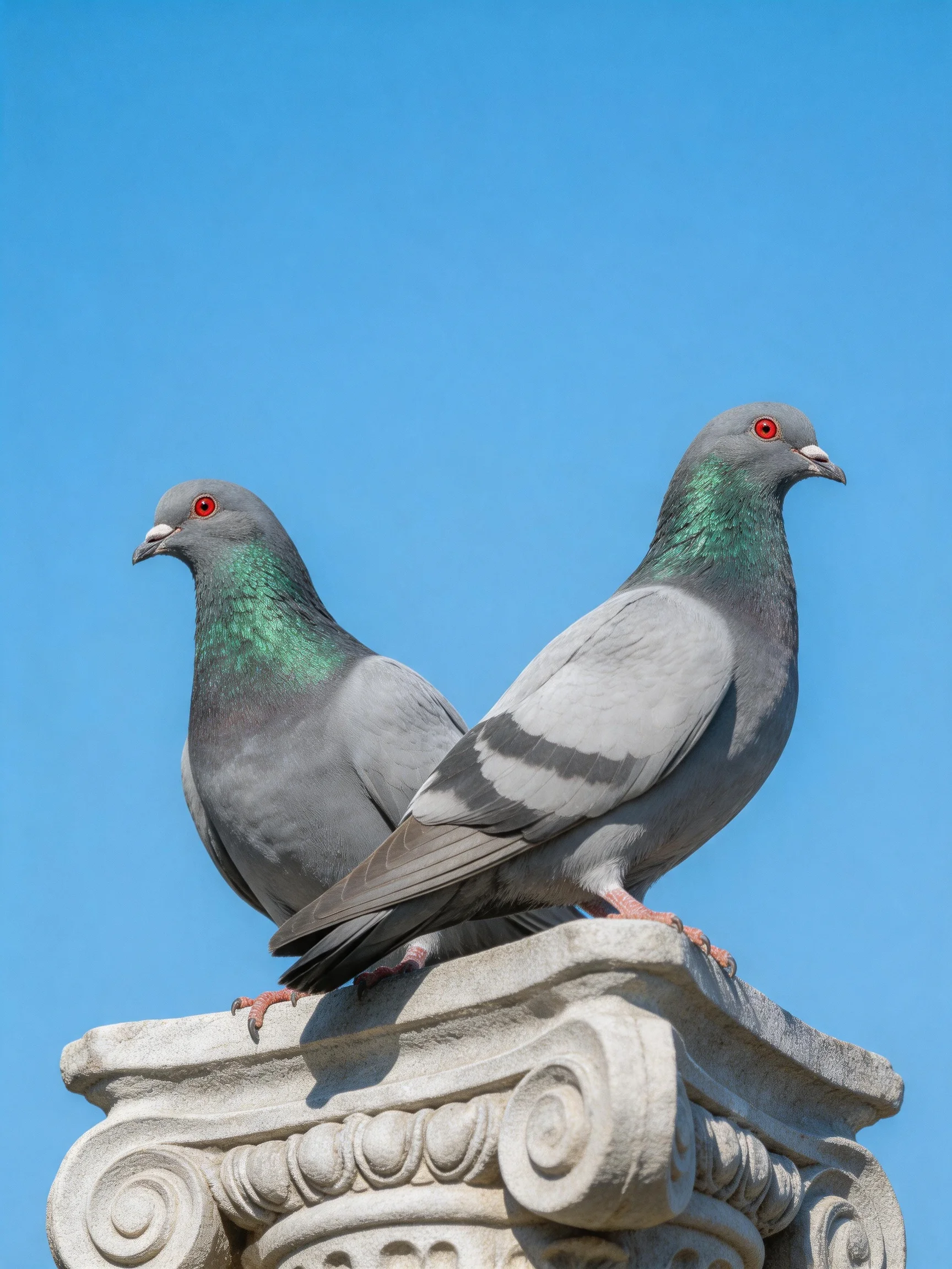 Two gray-green pigeons perch on an ornate stone column against a clear blue sky