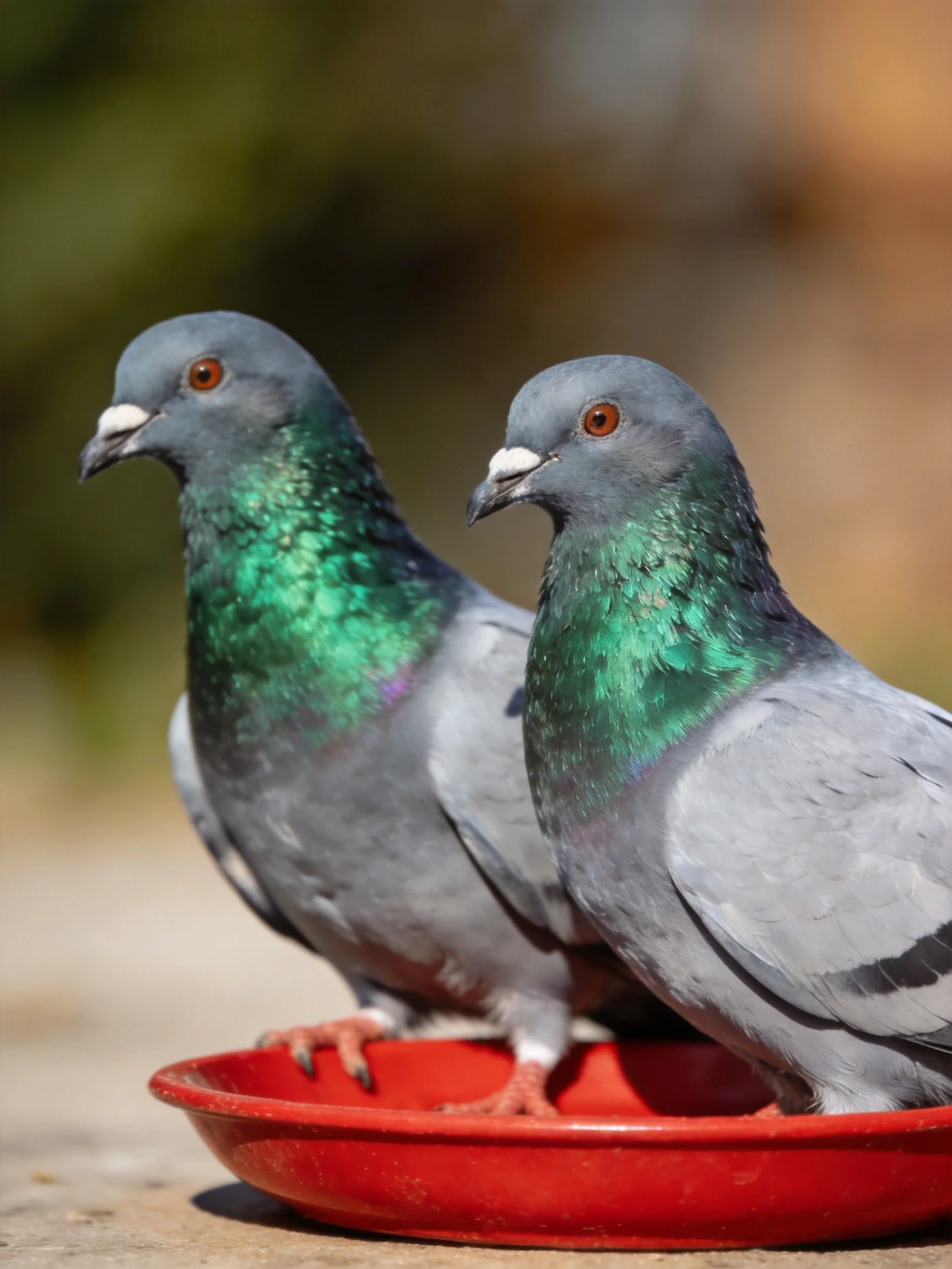 Two gray-green pigeons rest on a bright red dish outdoors