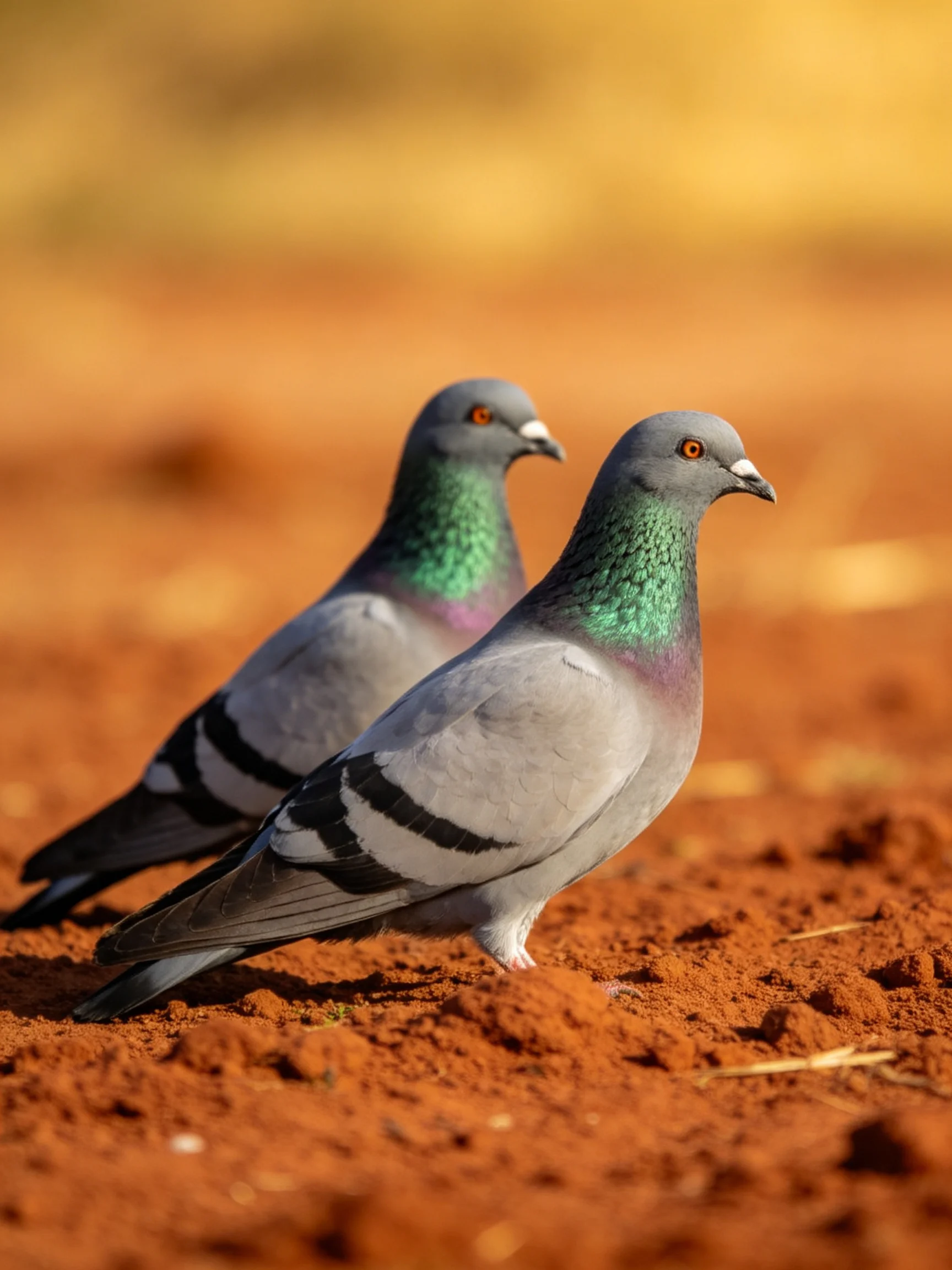 Two gray-green pigeons with purple necks stand on reddish earth