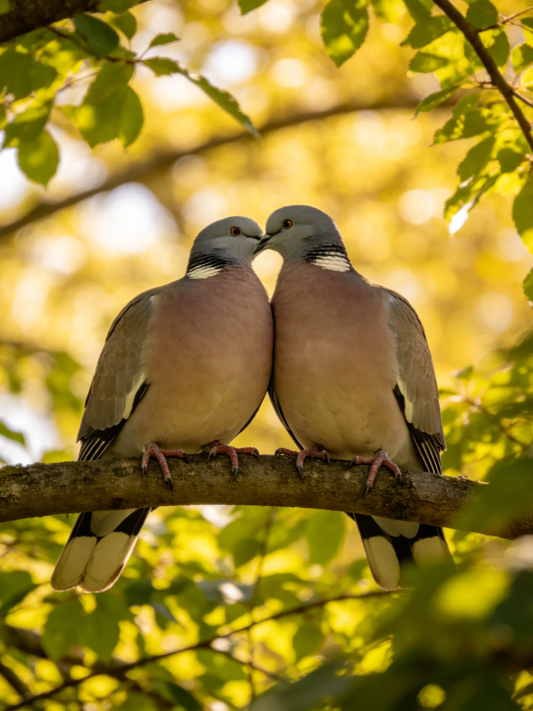 Two gray-headed pigeons nuzzle on a tree branch amid golden foliage