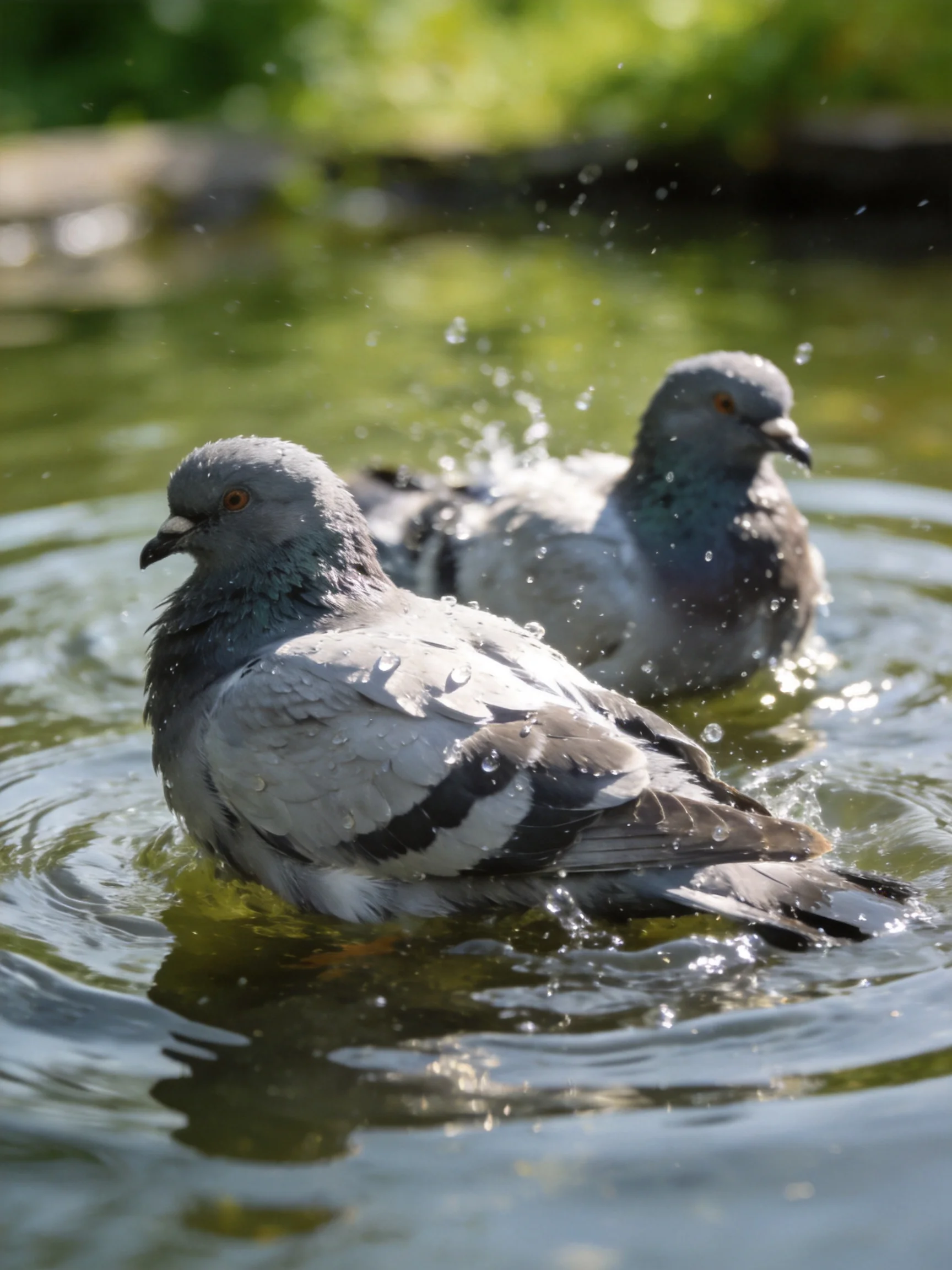 Two gray pigeons bathing in sunlit water