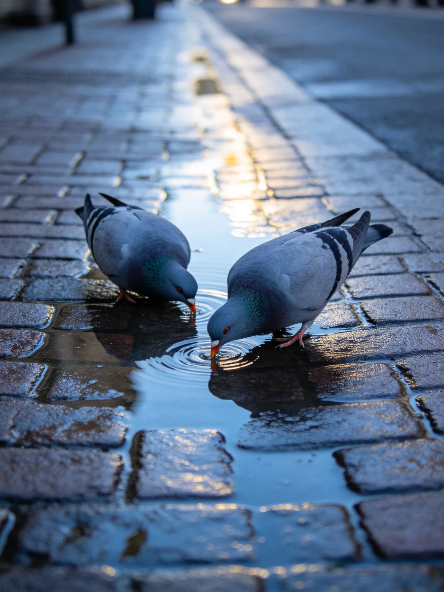 Two gray pigeons drink from a reflective puddle on cobblestones