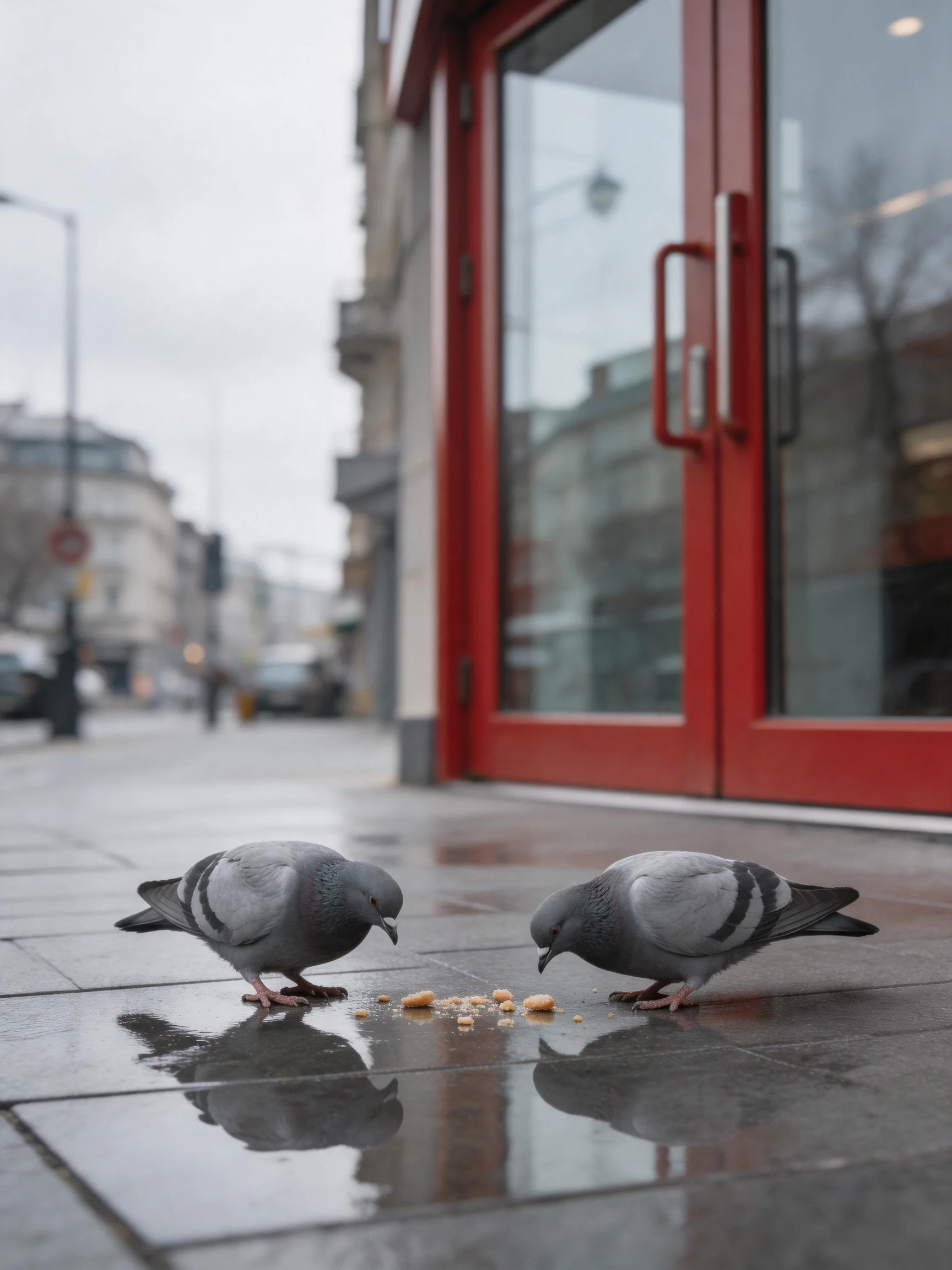 Two gray pigeons eat crumbs on a wet city sidewalk near red storefront doors