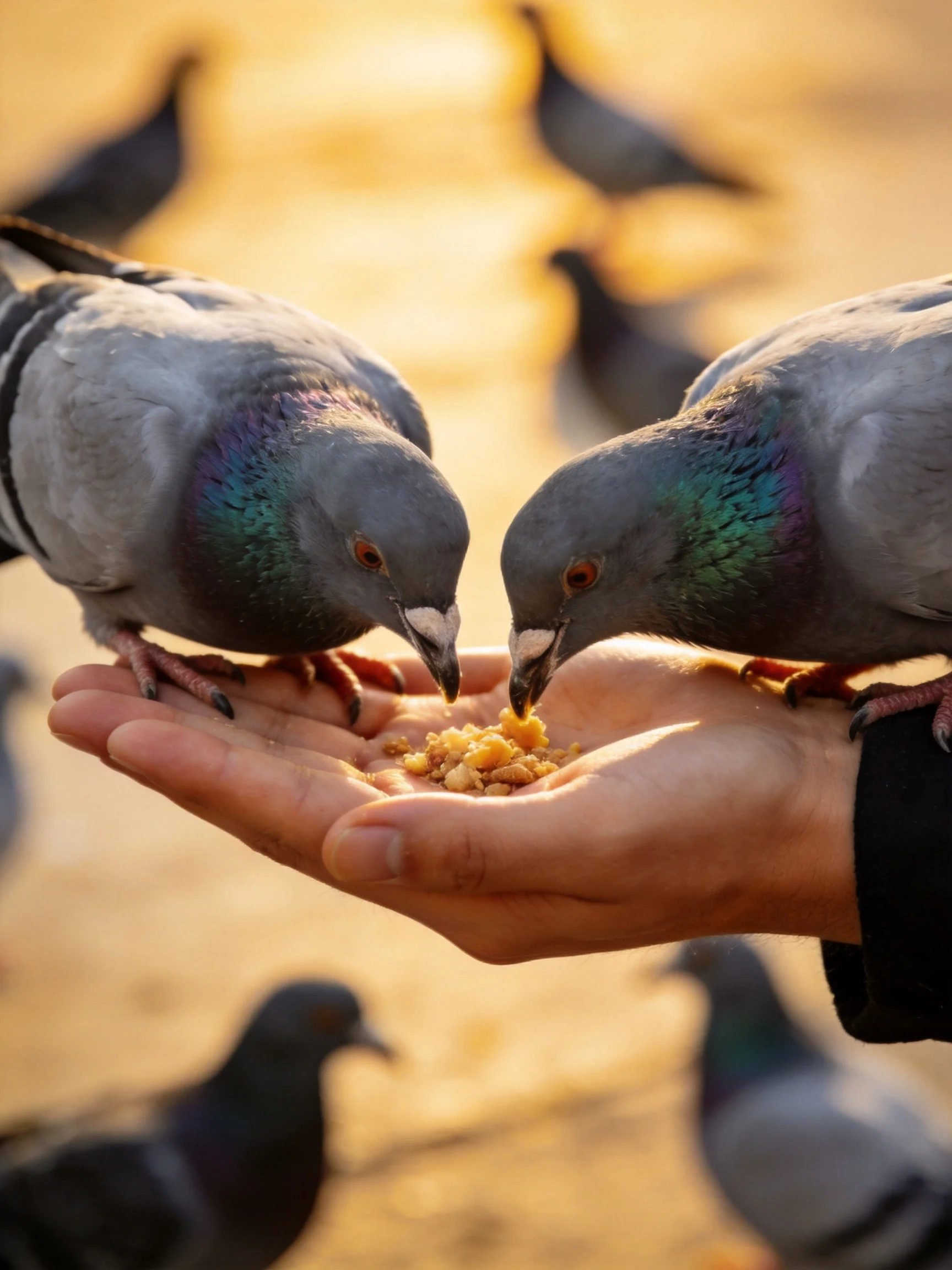 Two gray pigeons eat seeds from a human hand with other birds nearby