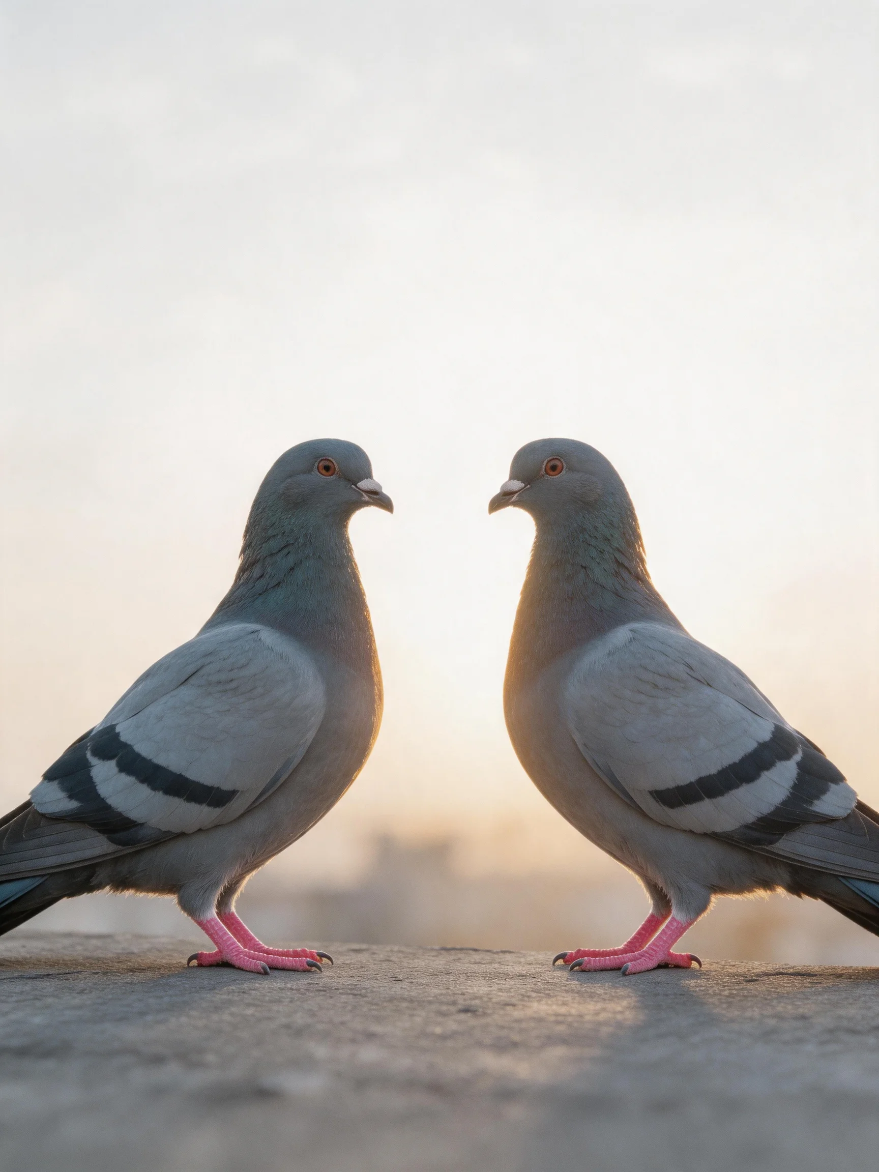 Two gray pigeons face each other on a concrete ledge at dawn