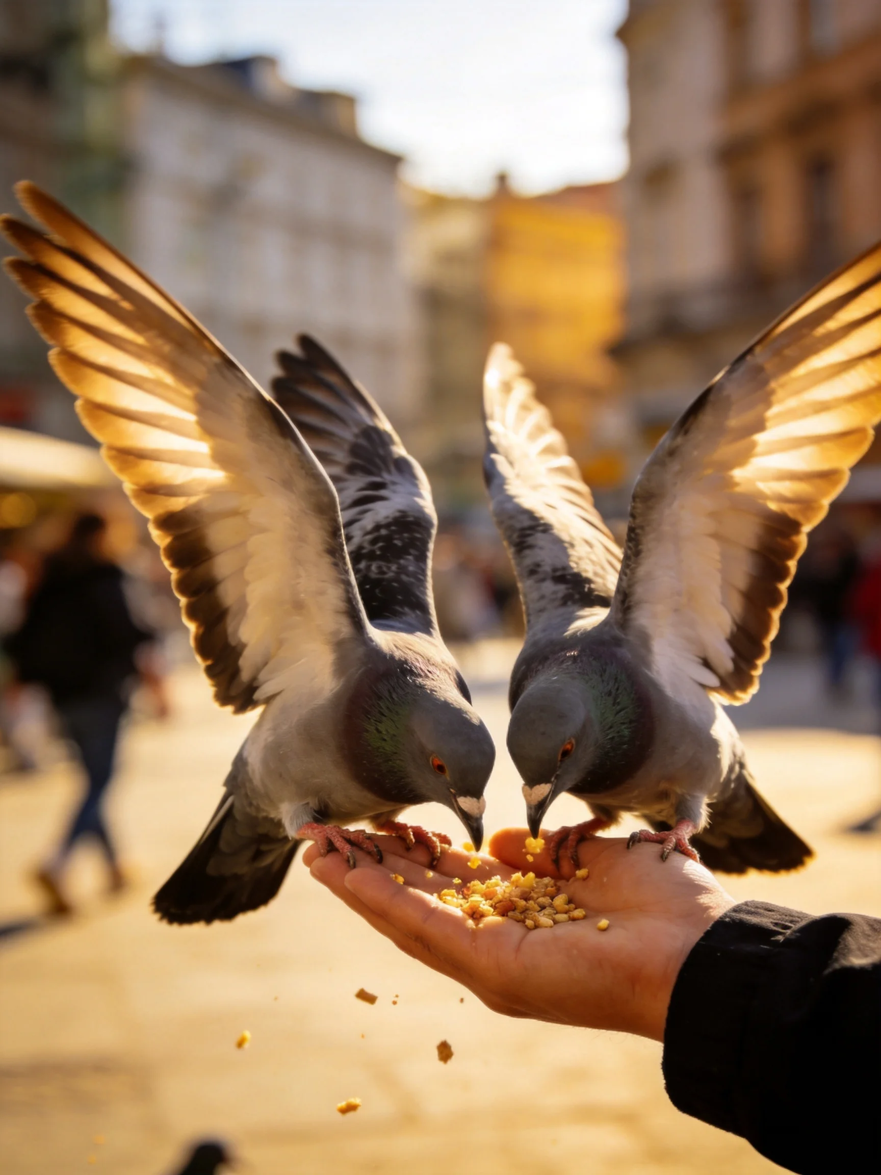Two gray pigeons feed from a hand in an urban square