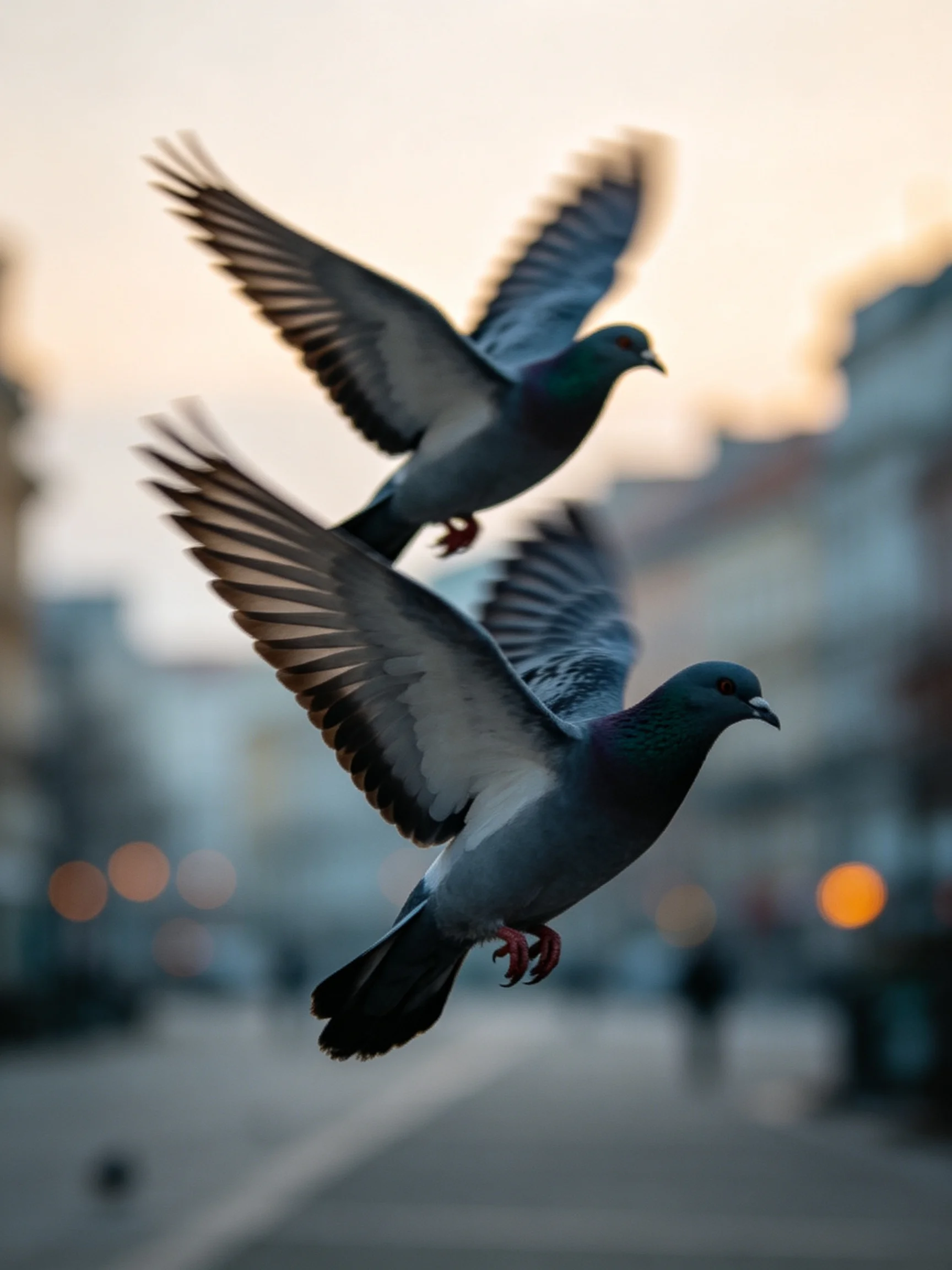 Two gray pigeons fly through the air near city buildings