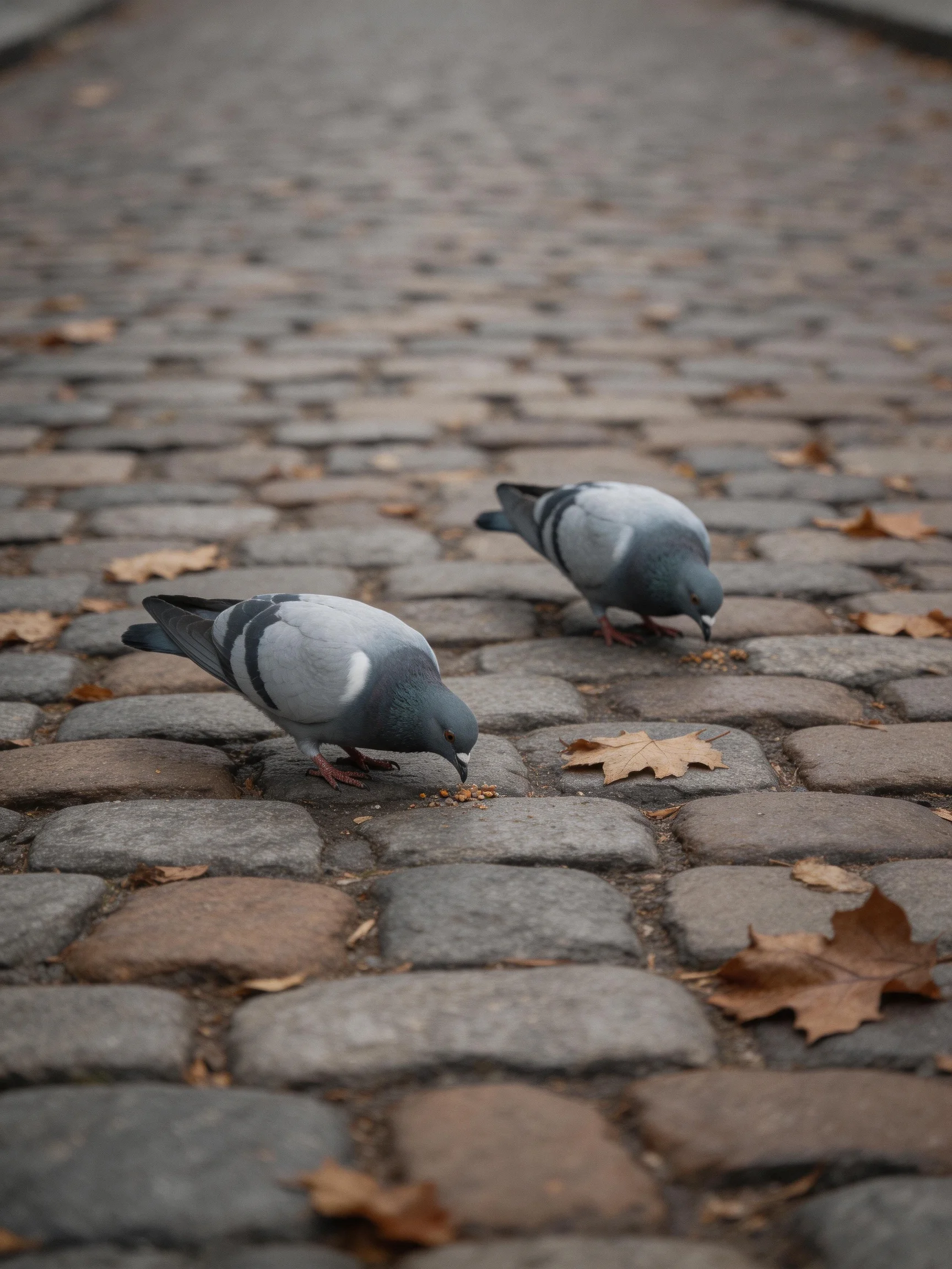 Two gray pigeons forage on an aged cobblestone path with scattered leaves