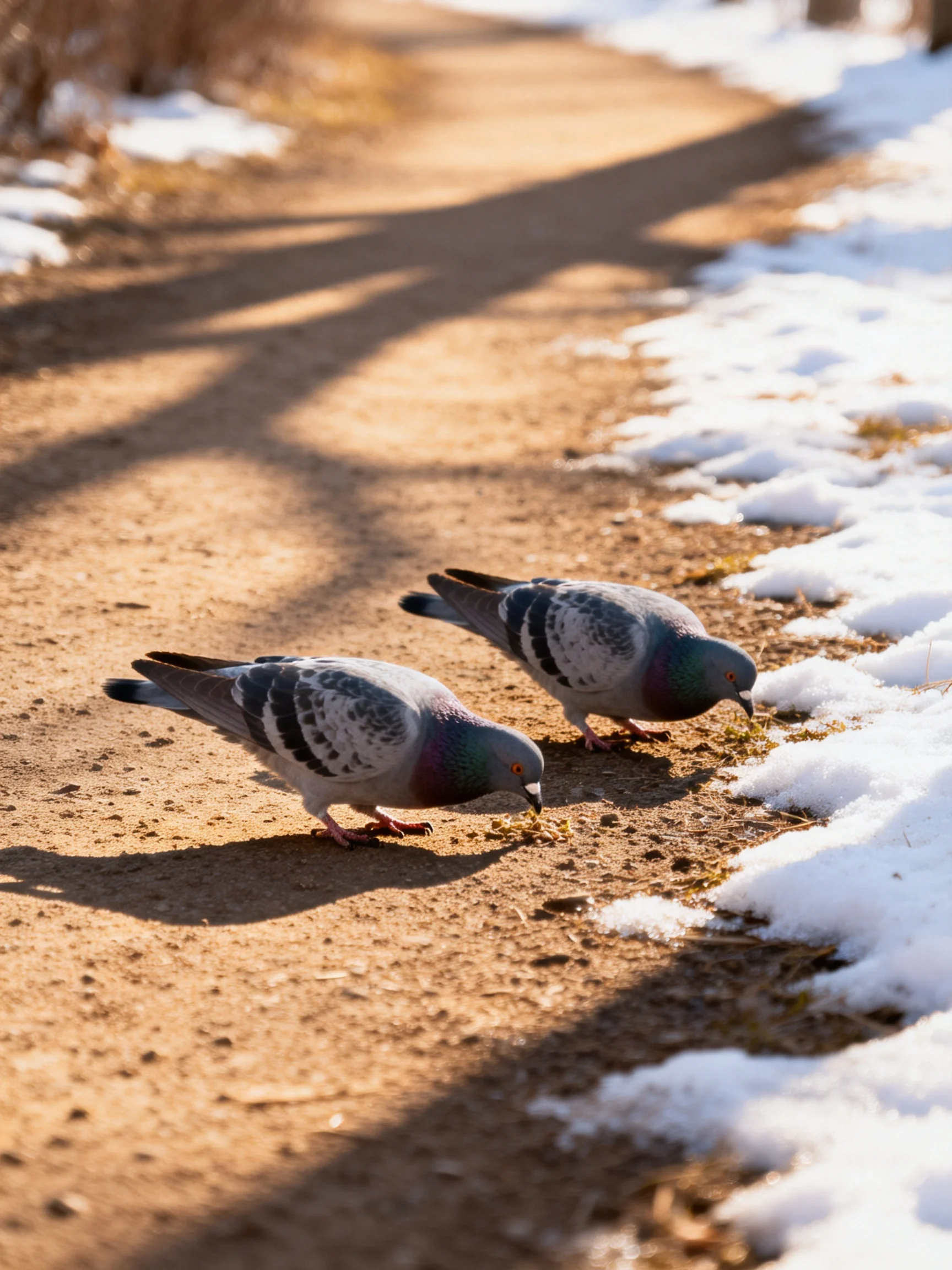 Two gray pigeons foraging near snowy edge of dirt path