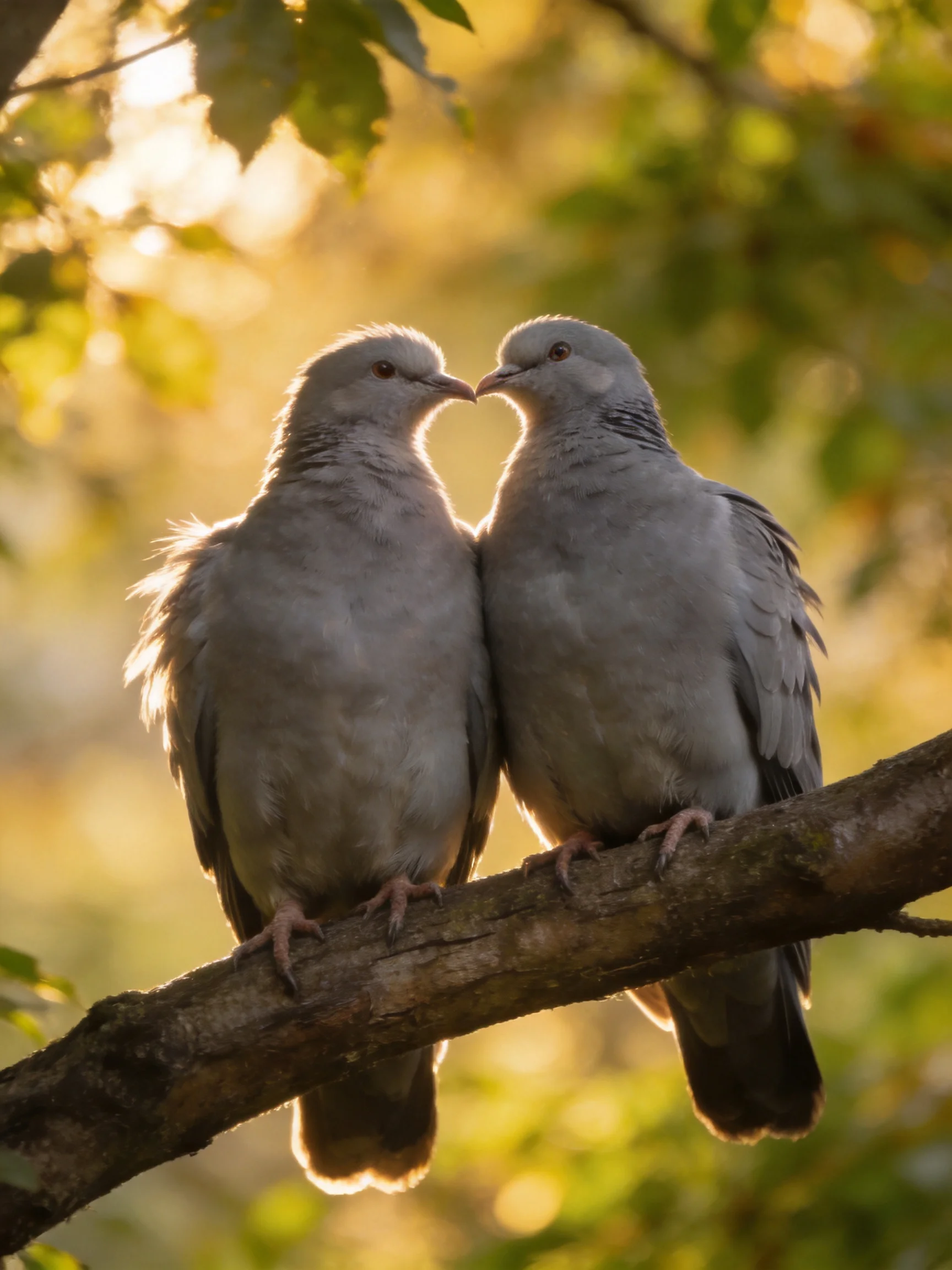 Two gray pigeons form a heart on a sunlit tree branch