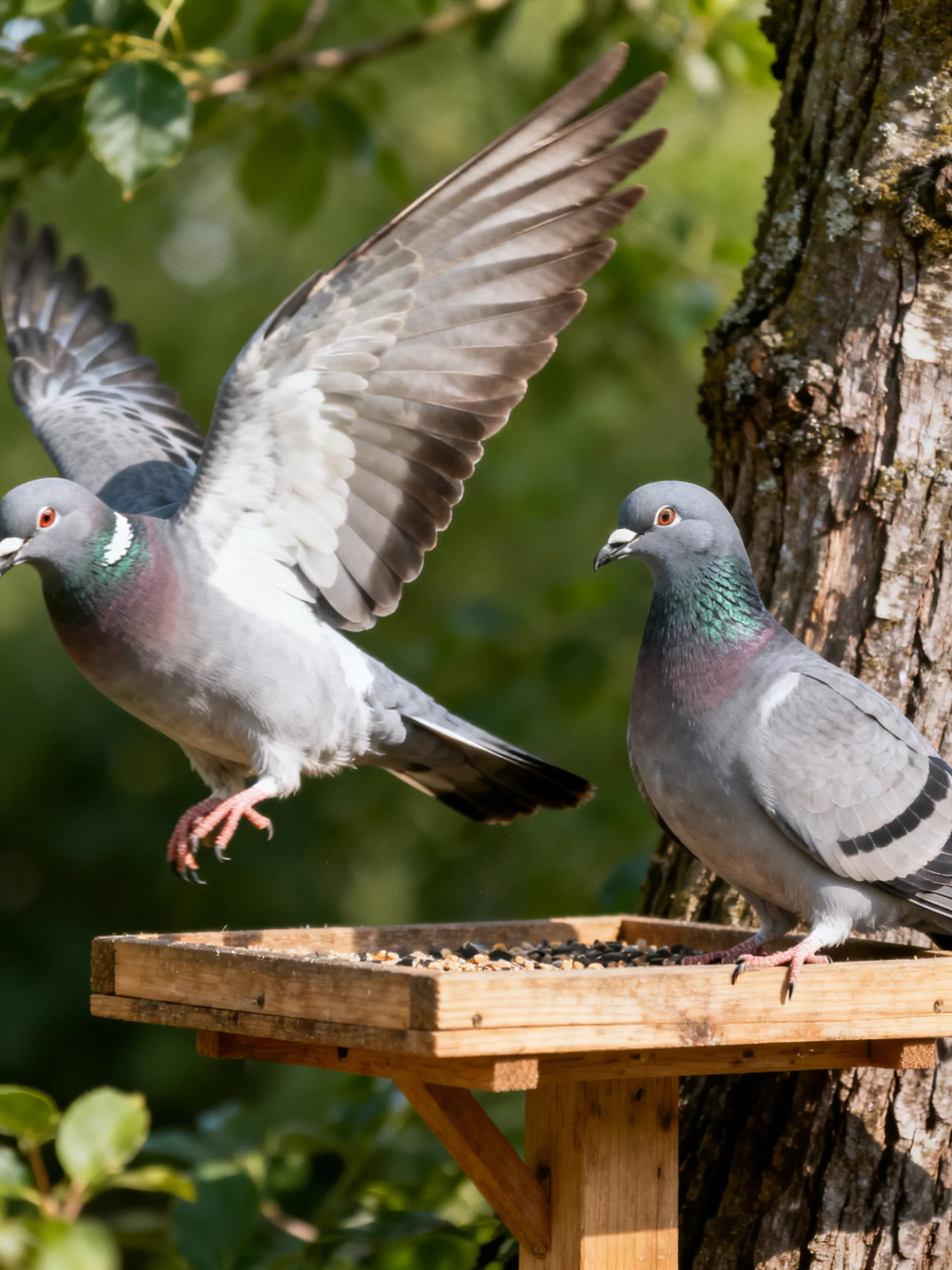 Two gray pigeons interact near a wooden bird feeder by a tree