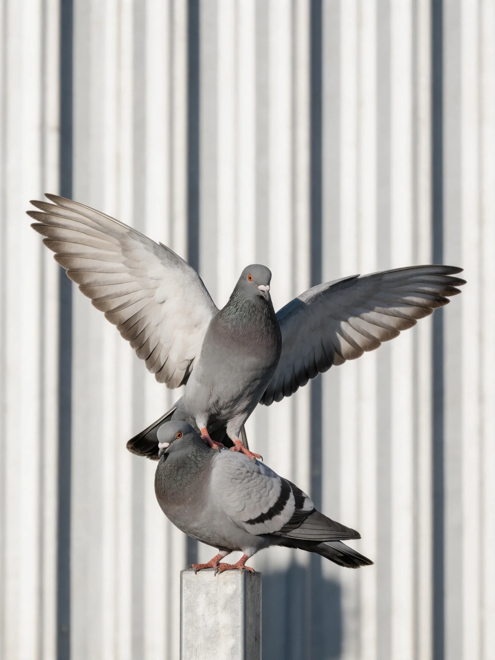 Two gray pigeons interact on a post with vertical stripes