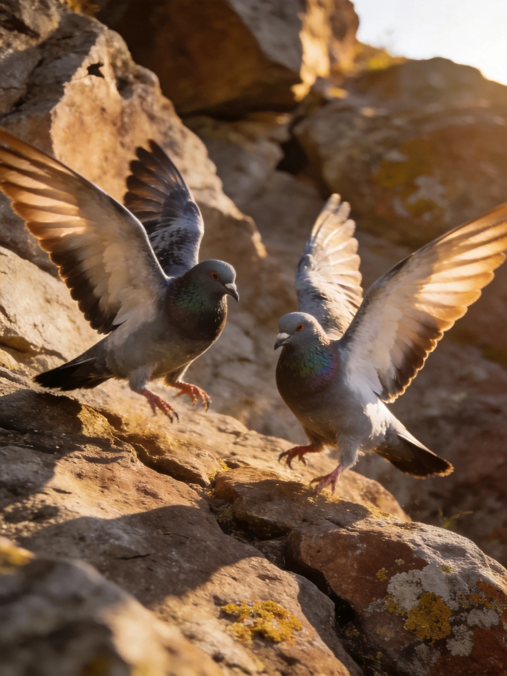 Two gray pigeons landing on mossy rocky cliffs under golden sunlight