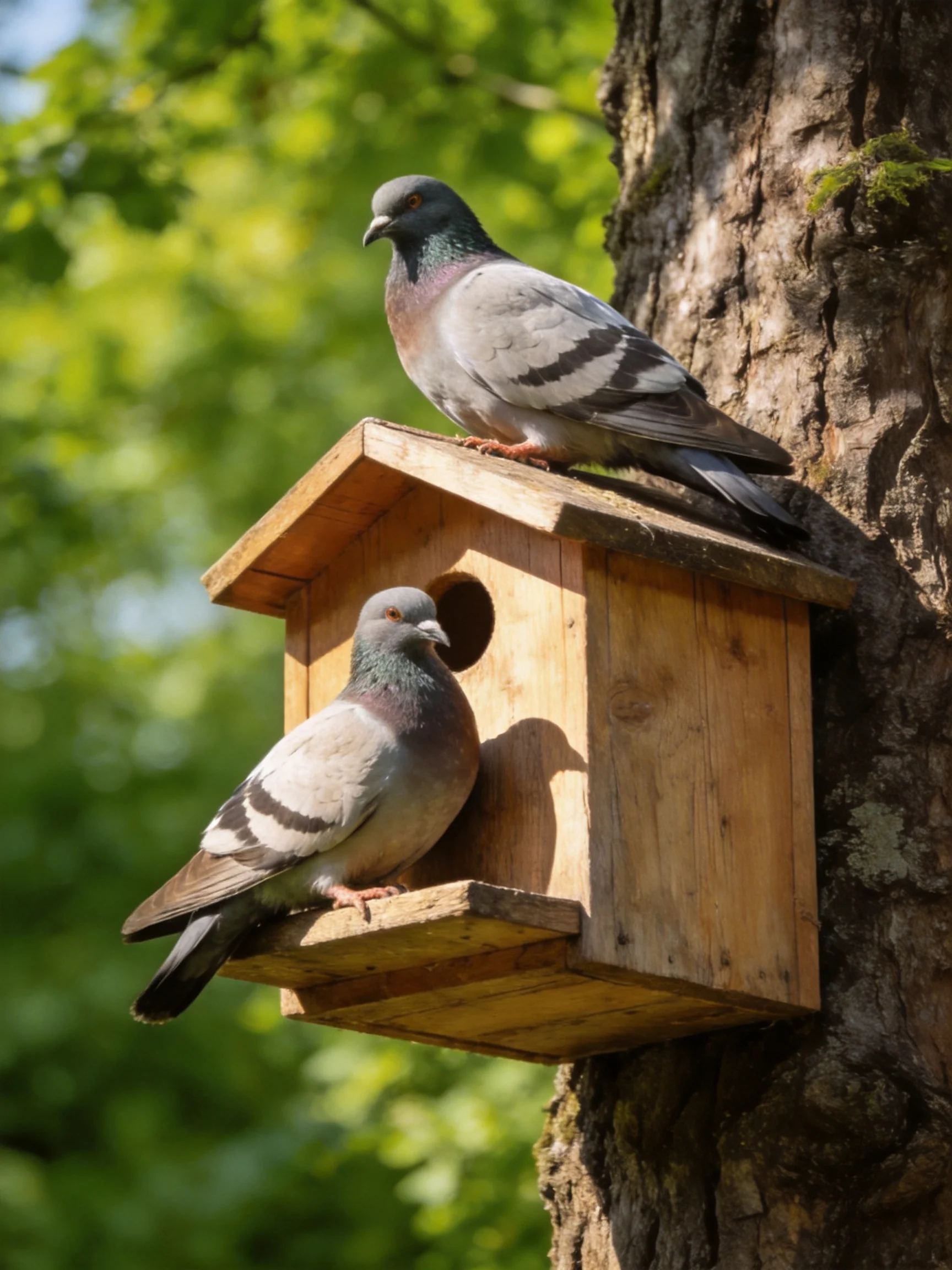 Two gray pigeons near a wooden birdhouse attached to a tree