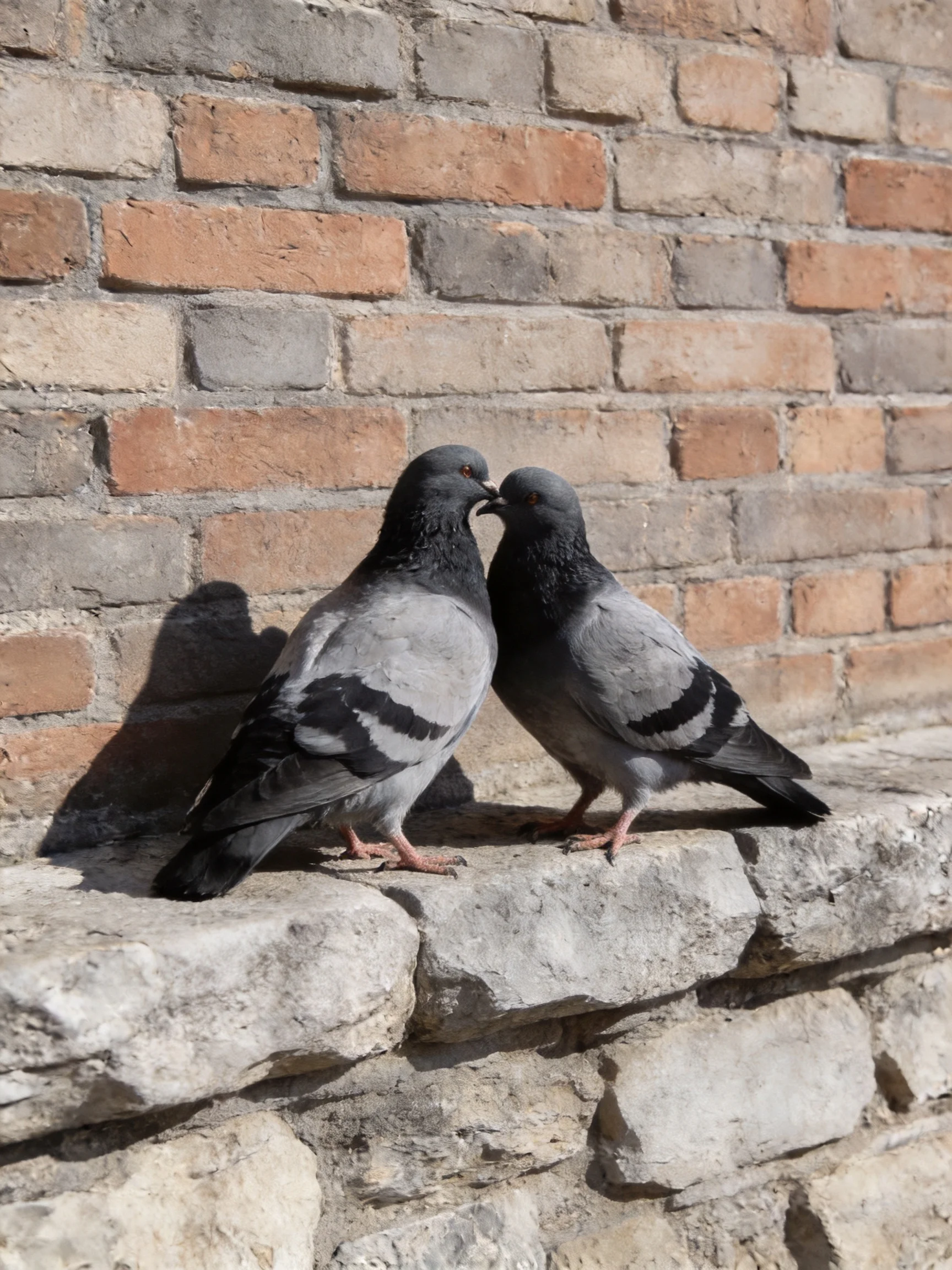 Two gray pigeons nuzzle by a weathered brick wall