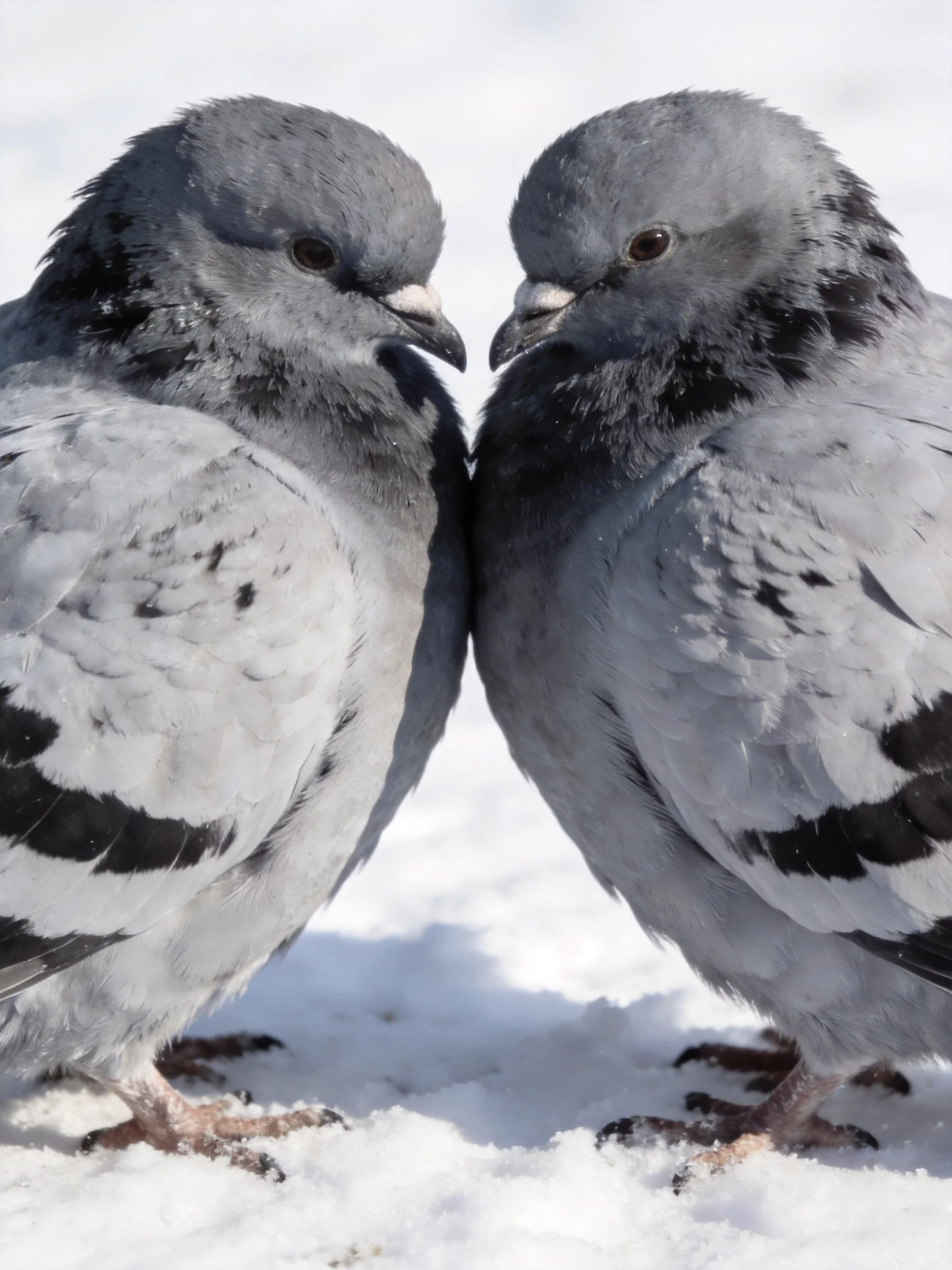 Two gray pigeons nuzzle closely on a snowy landscape