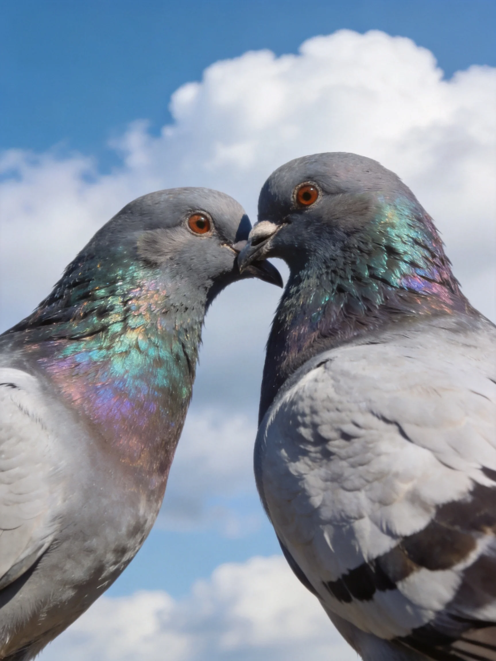 Two gray pigeons nuzzle, displaying iridescent necks under a bright sky
