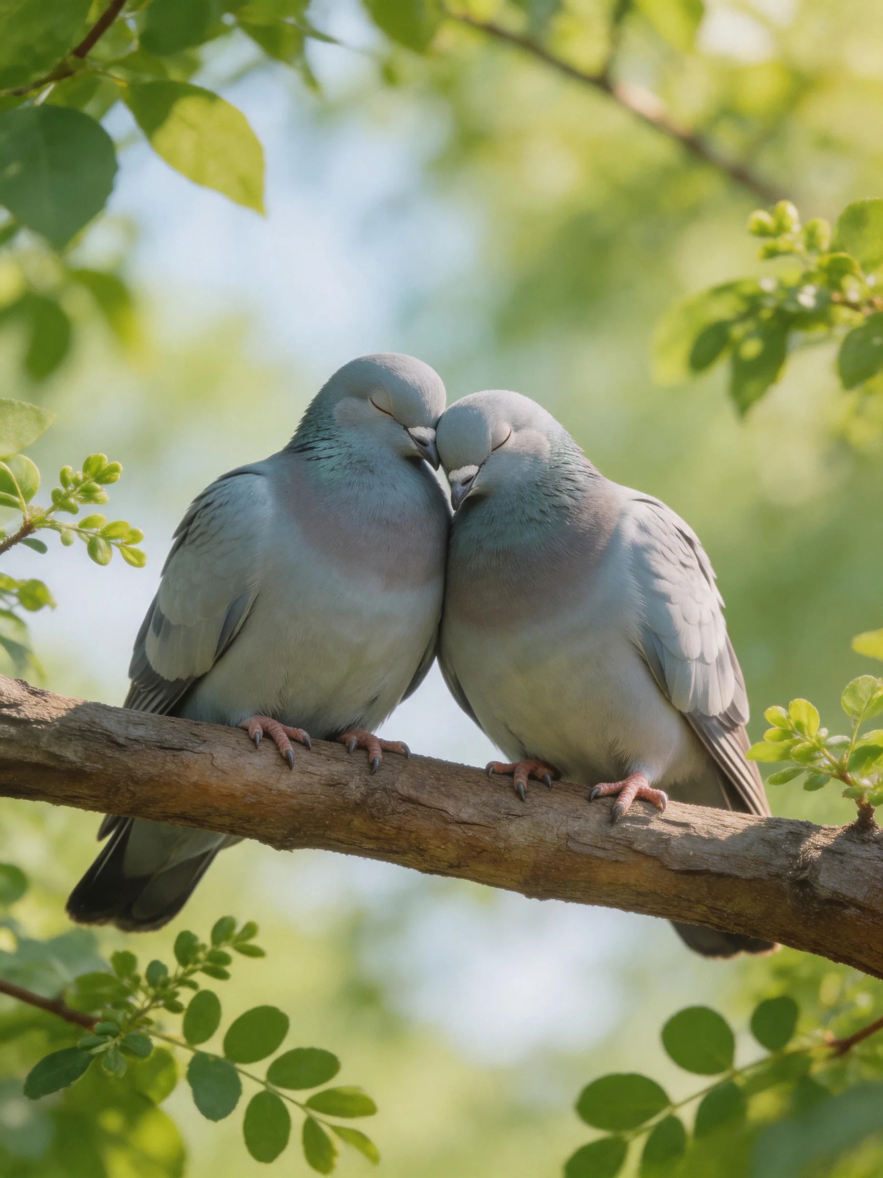 Two gray pigeons nuzzle on a brown tree branch amid lush green foliage