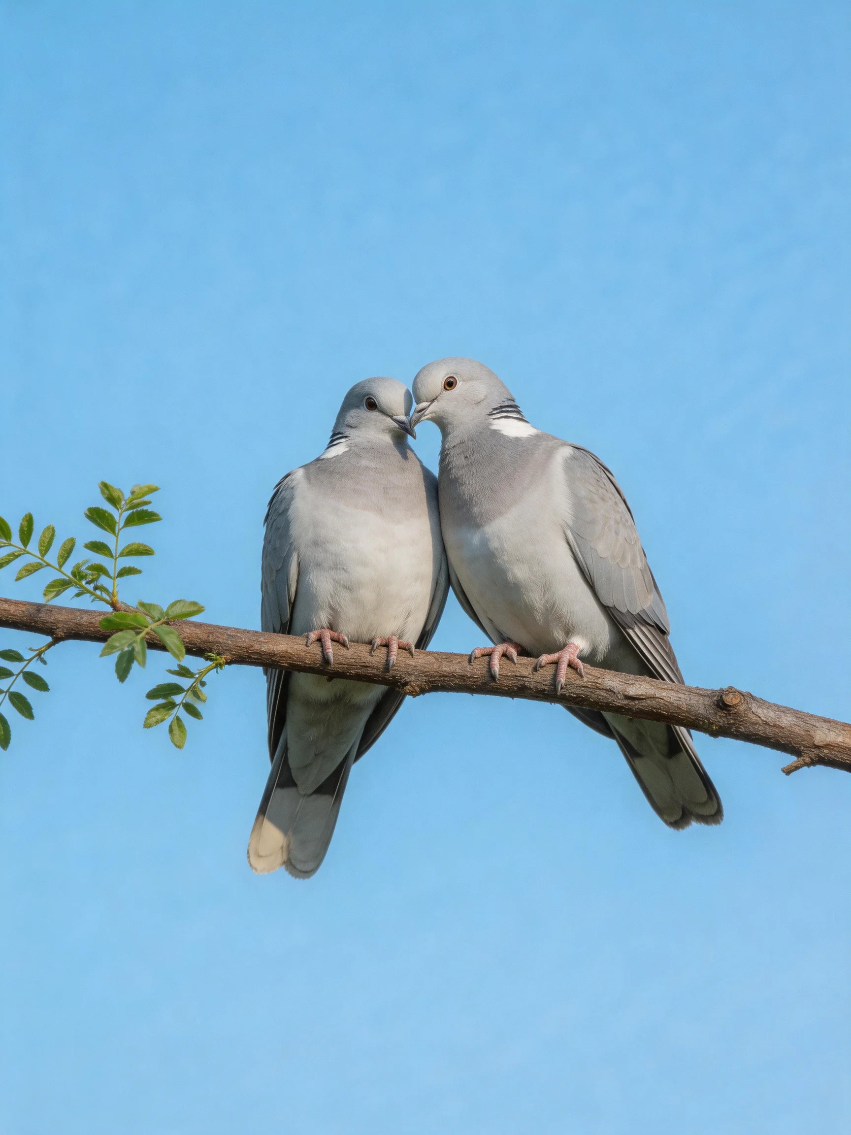 Two gray pigeons nuzzle on a brown tree branch under clear blue sky