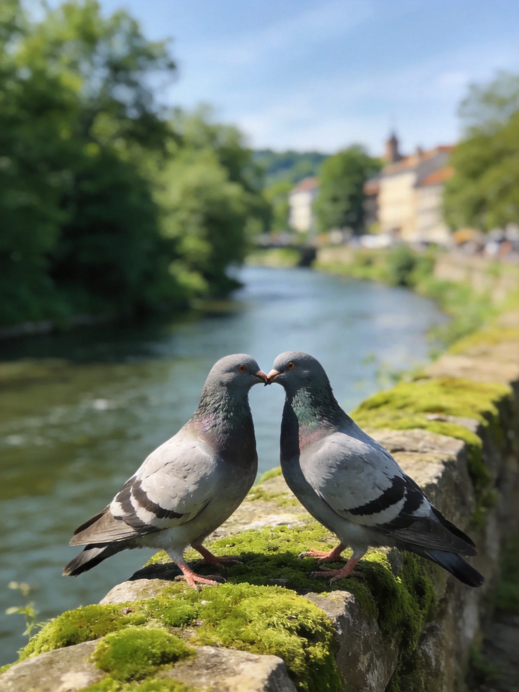 Two gray pigeons nuzzle on a moss-covered stone ledge near a winding river