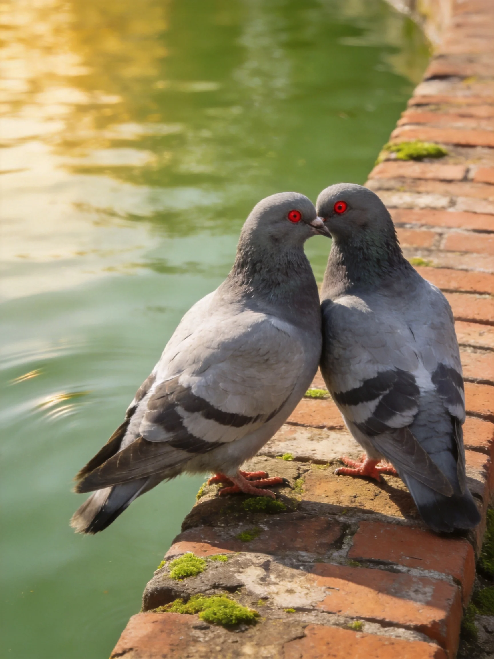 Two gray pigeons nuzzle on a mossy brick ledge by green water