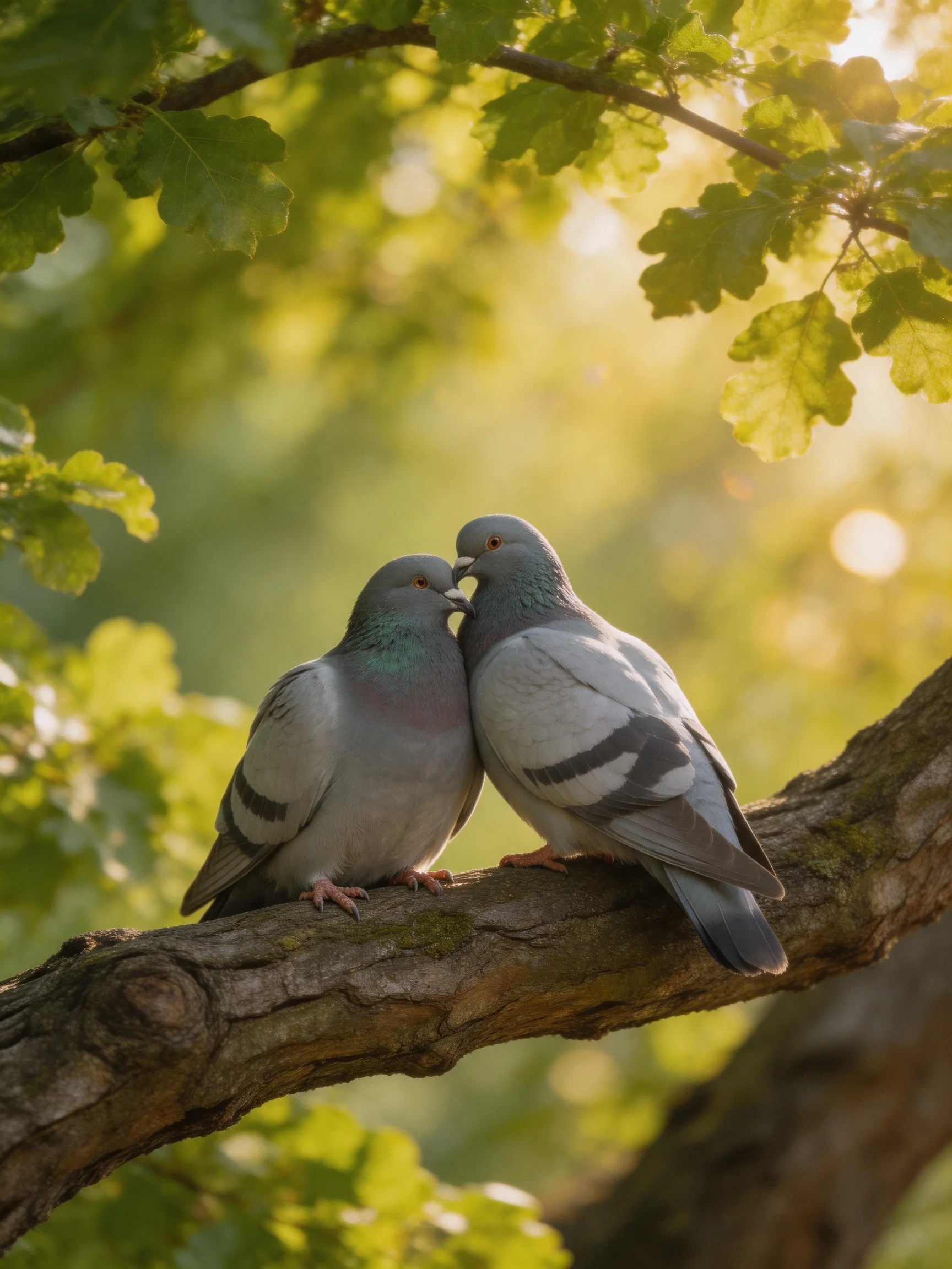 Two gray pigeons nuzzle on a mossy tree branch amid golden foliage