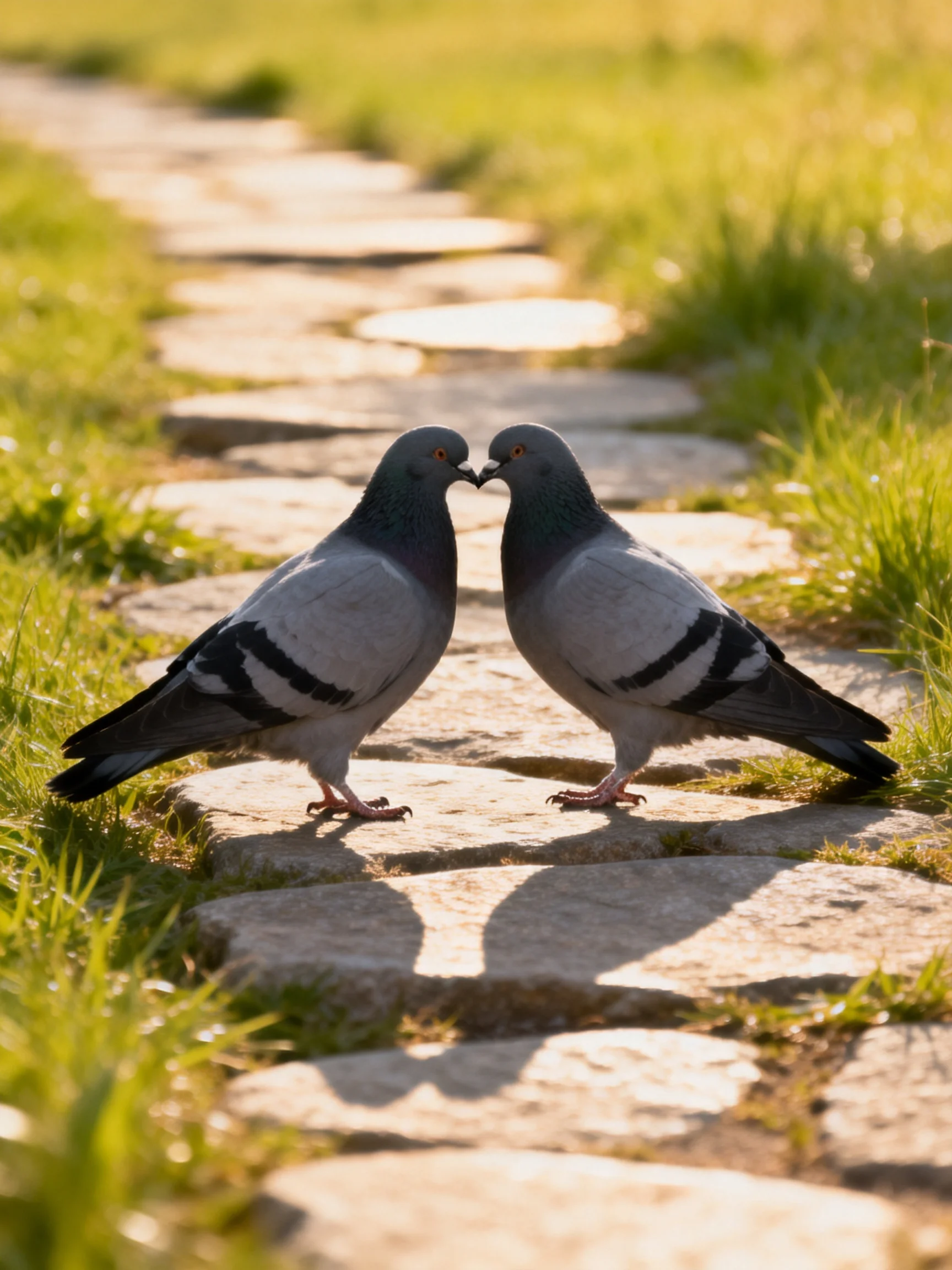 Two gray pigeons nuzzle on a sunlit stone path with green grass